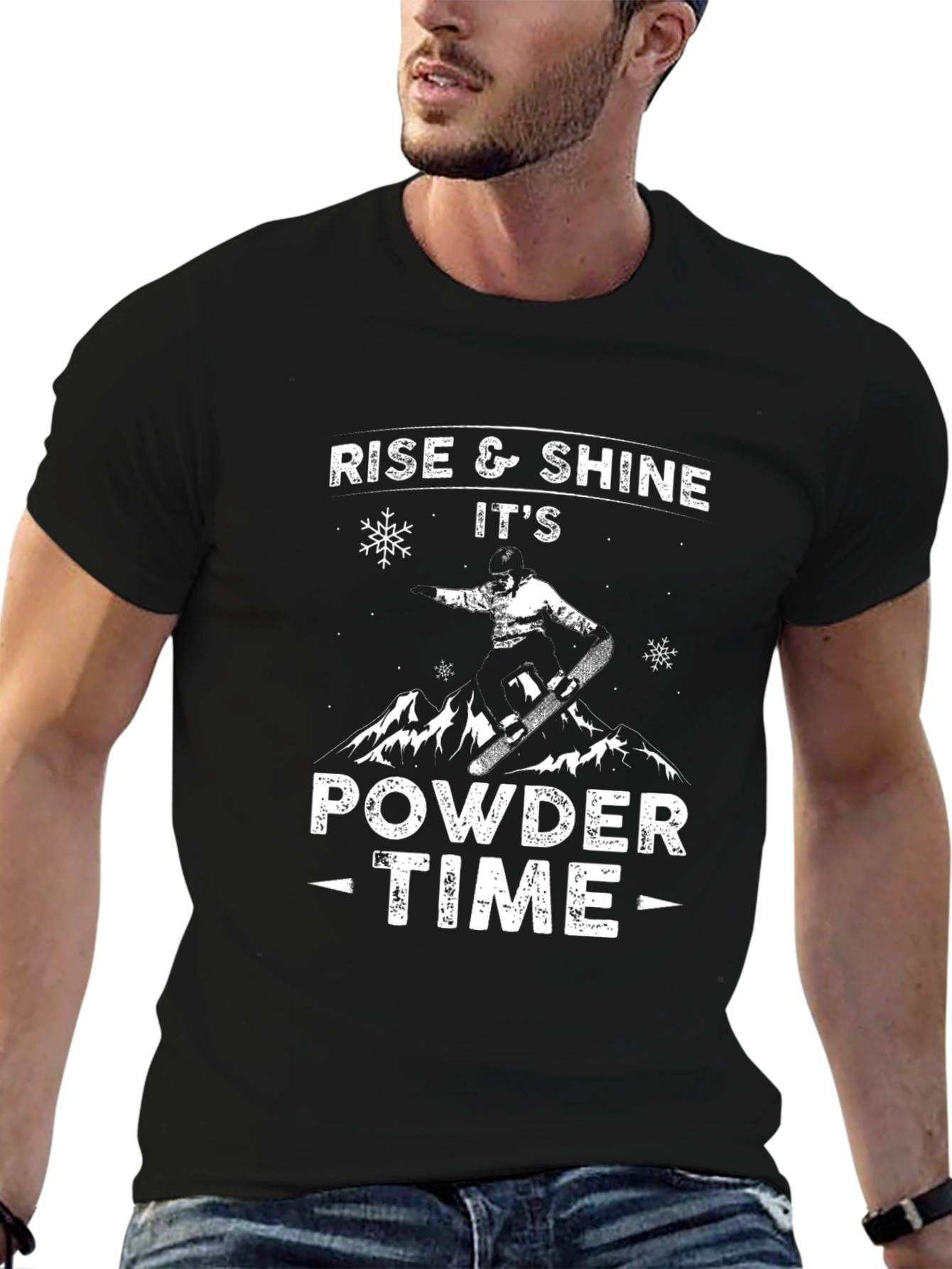 Black Rise & Shine Powder Time T-Shirt - Snowboard Design view 6