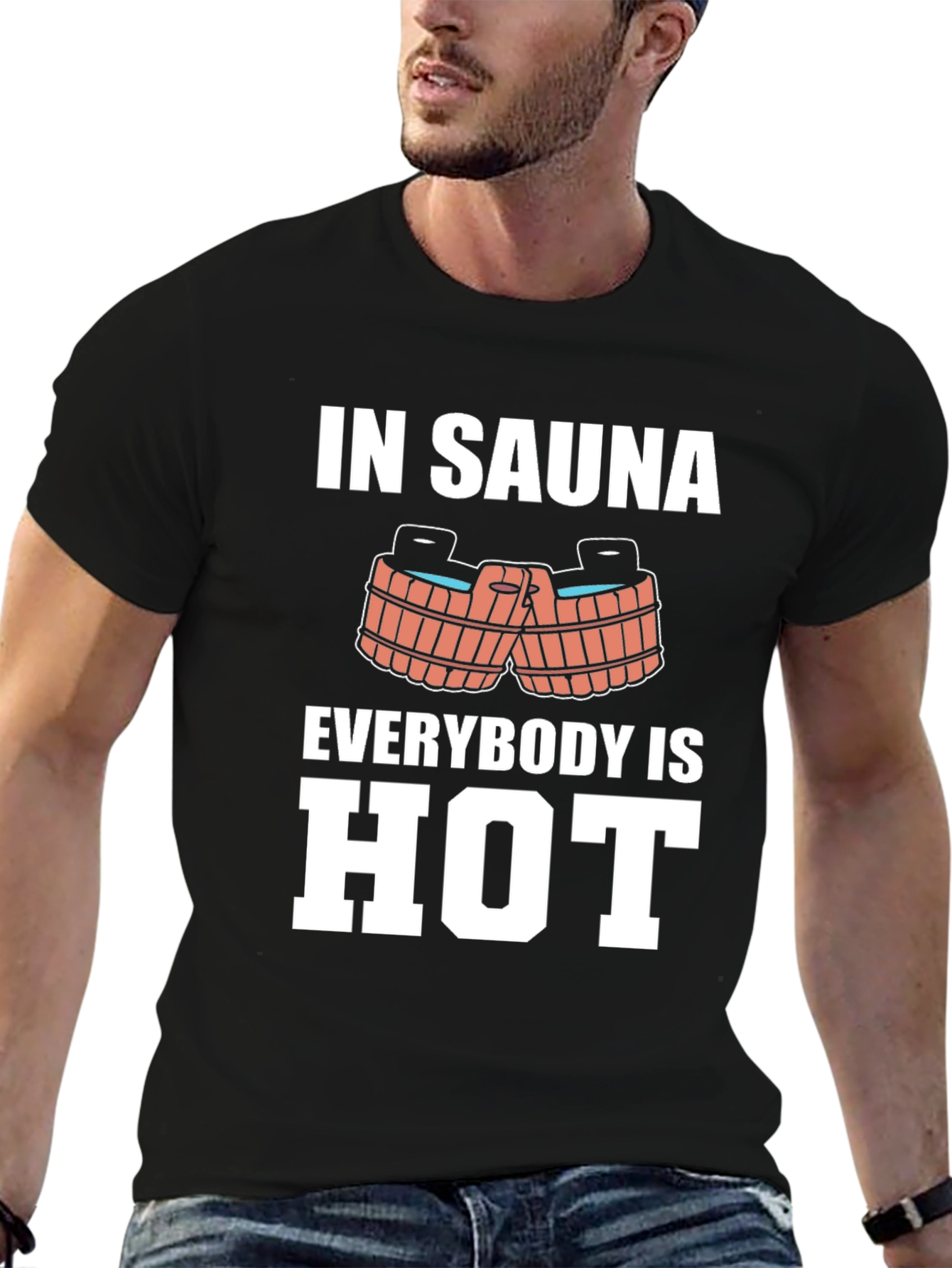 Black Sauna Humor Graphic Tee - In Sauna Everybody is Hot! view 6