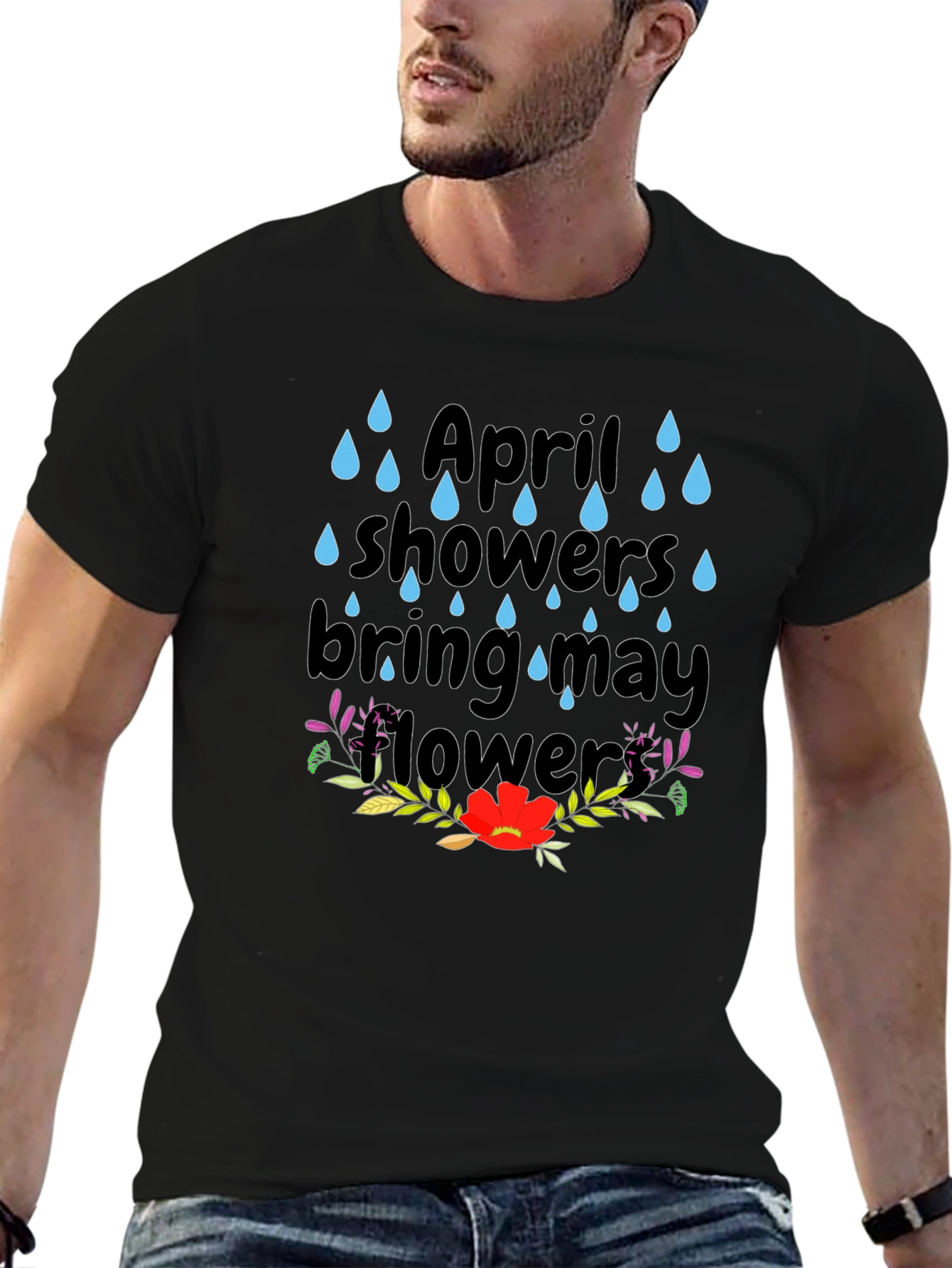 Black April Showers T-Shirt - Spring Flowers Tee view 6