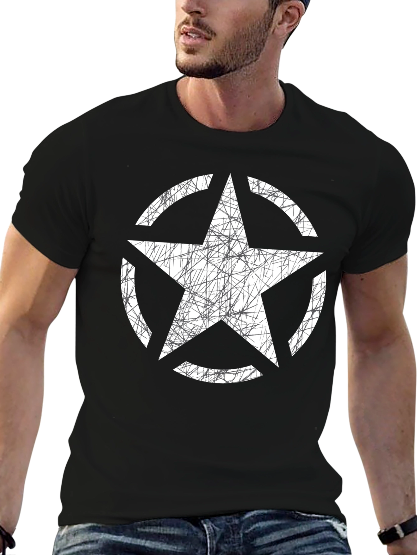 Black Distressed Star Graphic Tee - Black Cotton Casual Shirt view 6