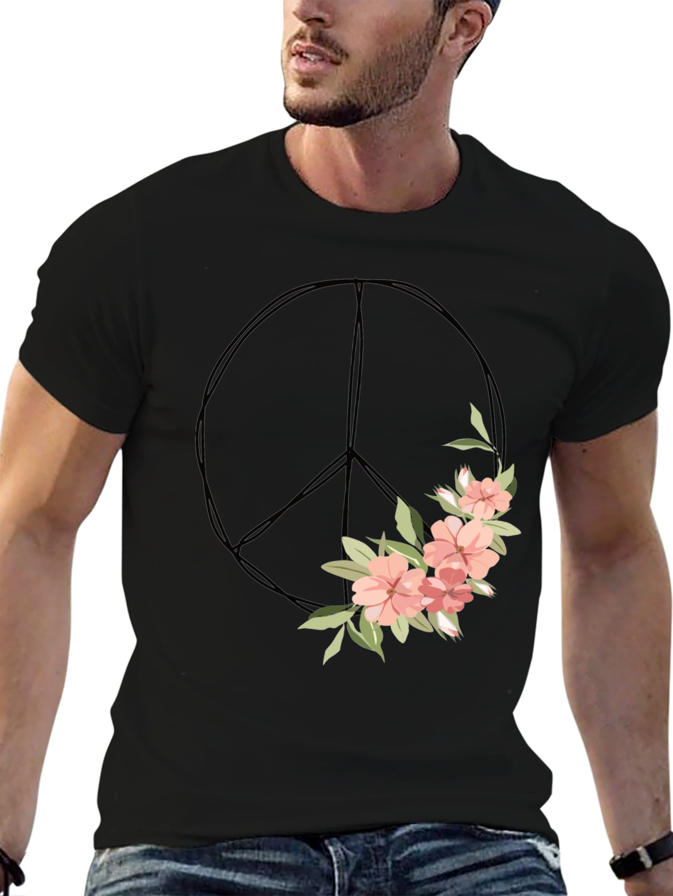 Black Floral Peace Sign Graphic Tee view 6