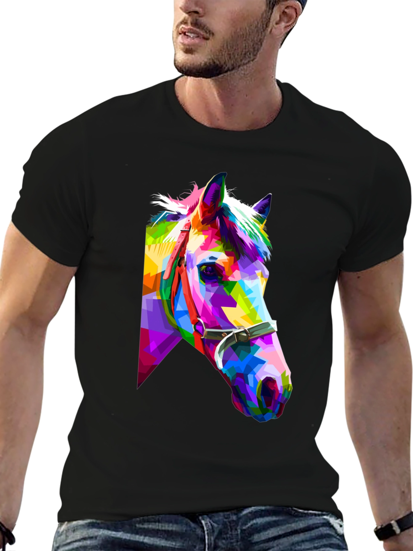 Black Geometric Horse Tee - Colorful Animal Art T-Shirt view 6