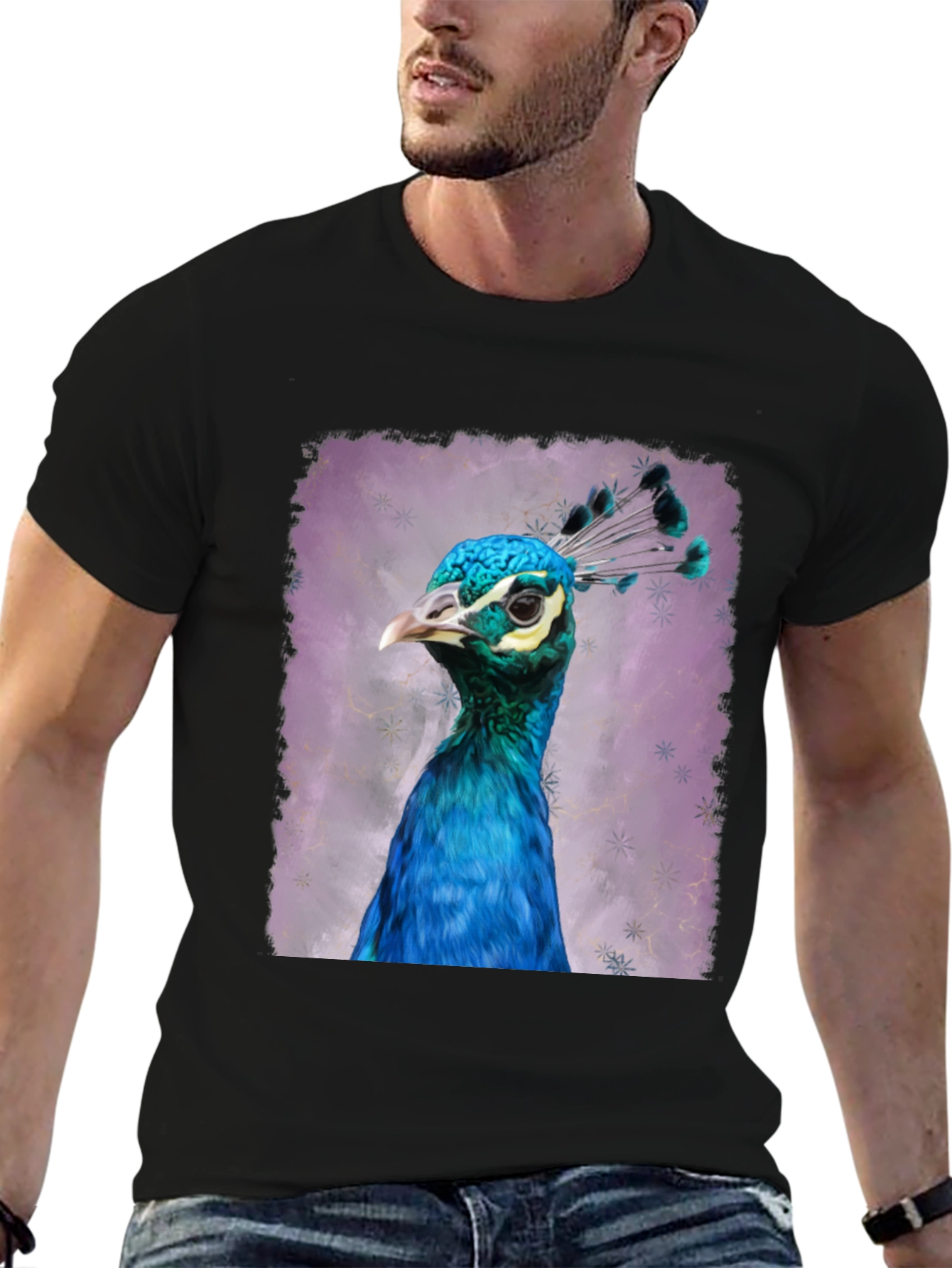 Black Peacock Portrait Graphic Tee - Black Cotton T-Shirt view 6