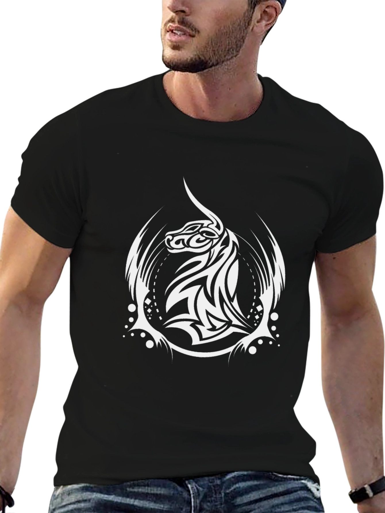 Black Tribal Bull Head Graphic Black T-Shirt view 6