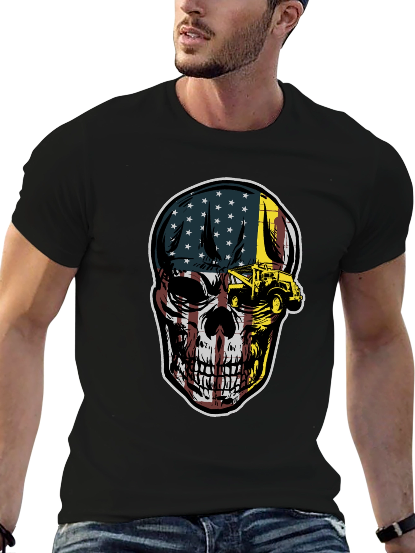 Black American Flag Skull Tow Truck T-Shirt view 6