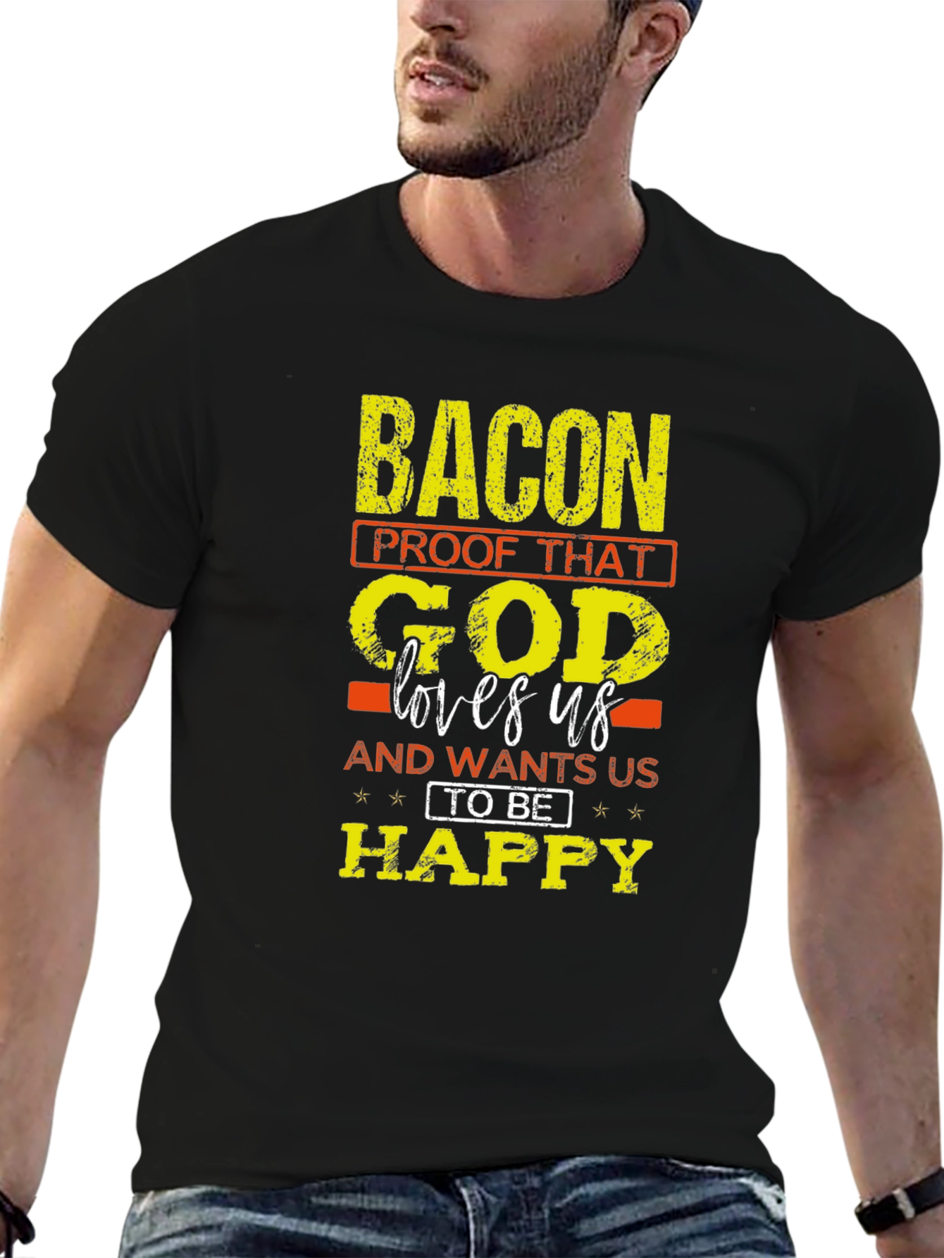 Black Bacon Lovers T-Shirt: God Wants Us Happy view 6