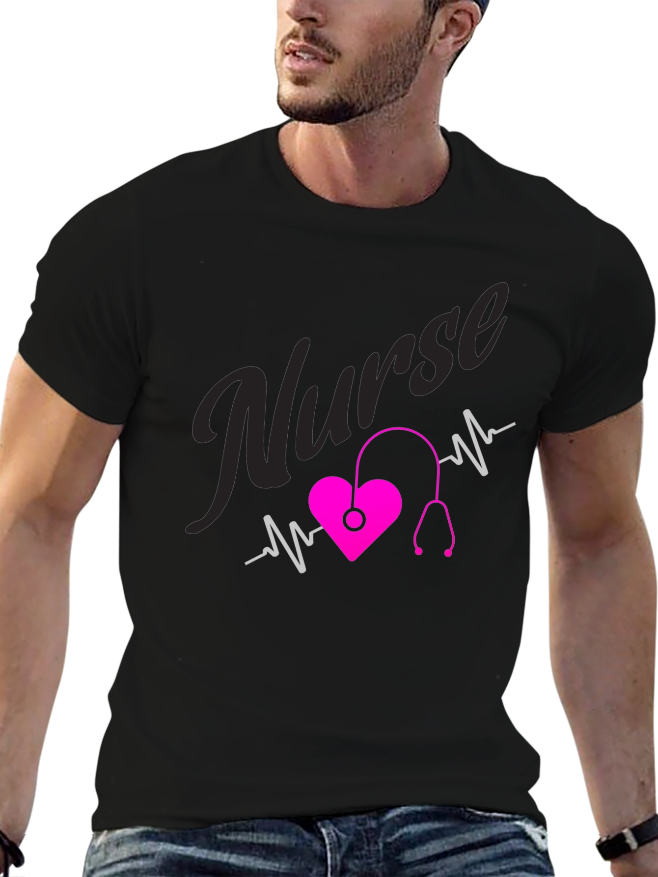 Black Nurse Heartbeat T-Shirt - Medical Professional Tee view 6