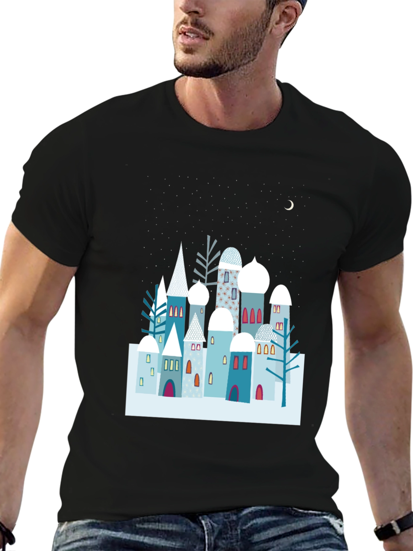 Black Winter Village Graphic Tee - Unique Design, Soft Cotton view 6