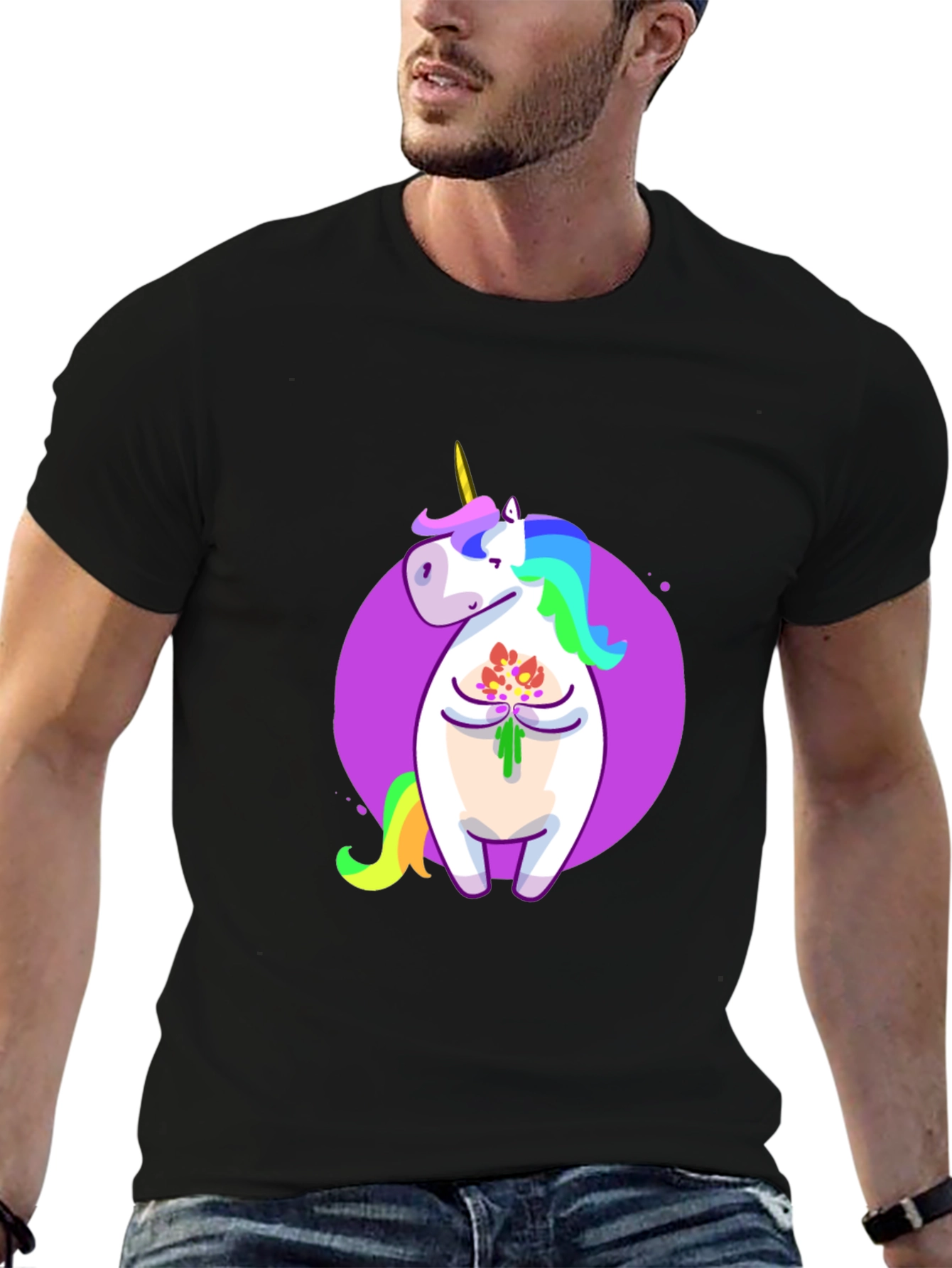 Black Unicorn Flower Graphic Black T-Shirt view 6