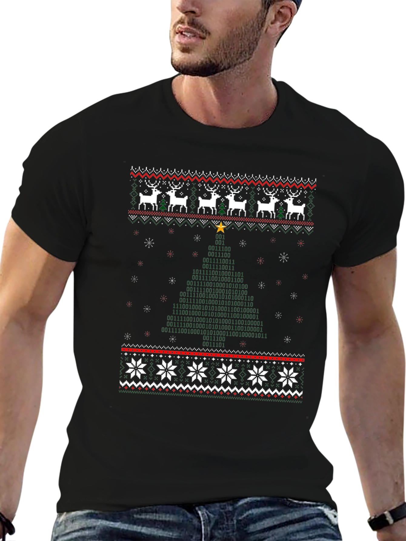 Black Novelty Christmas Binary Code Tree T-Shirt view 6