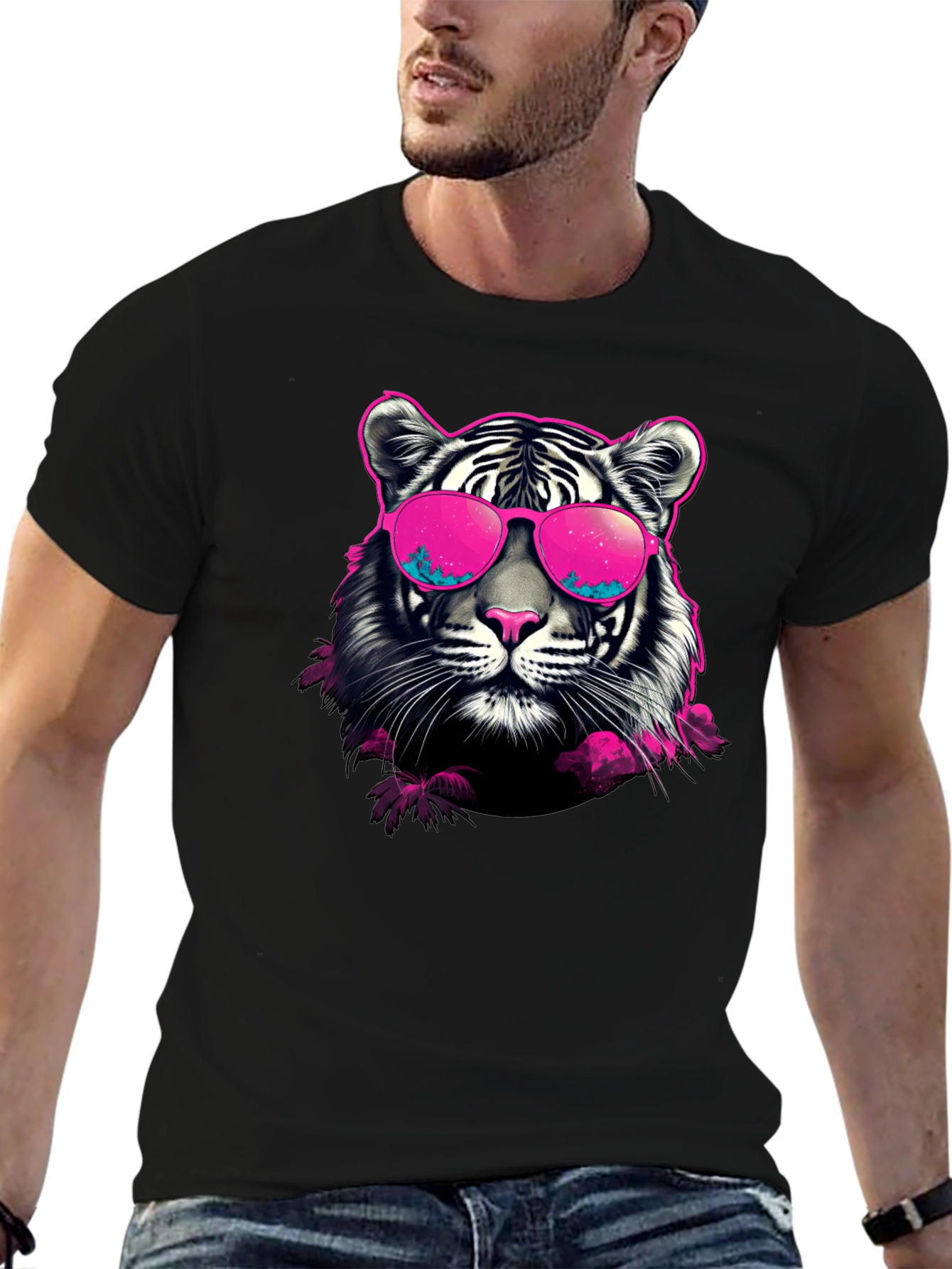 Black Cool Tiger Graphic Print Crew Neck T-Shirt view 6