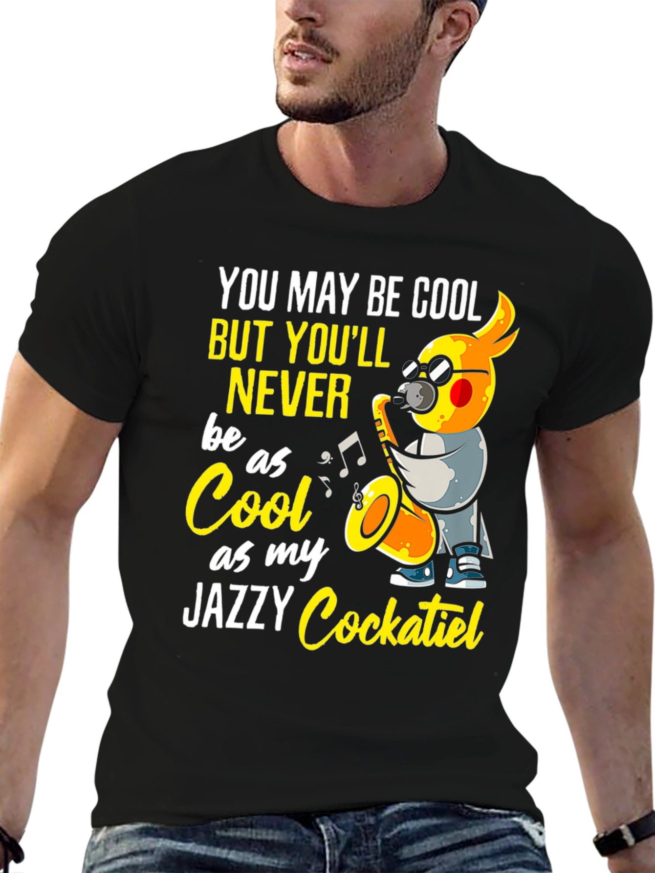 Black Jazzy Cockatiel T-Shirt - Cool Music Bird Tee view 6