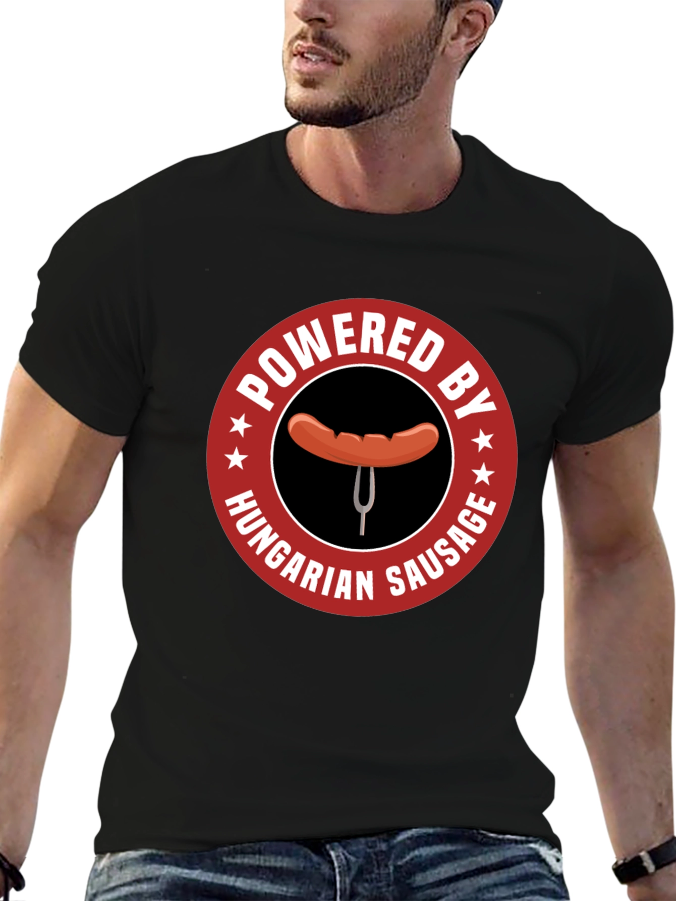 Black Hungarian Sausage T-Shirt - Powered by Funny Tee view 6