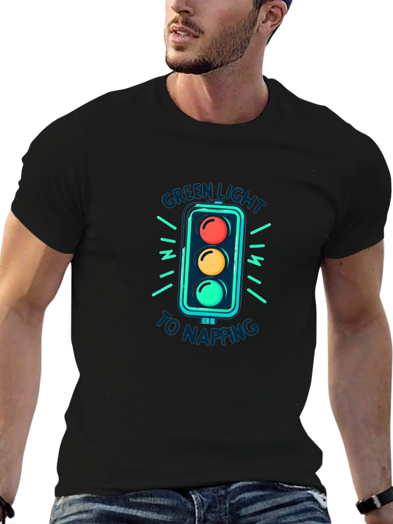 Black Green Light Napping Black T-Shirt view 6
