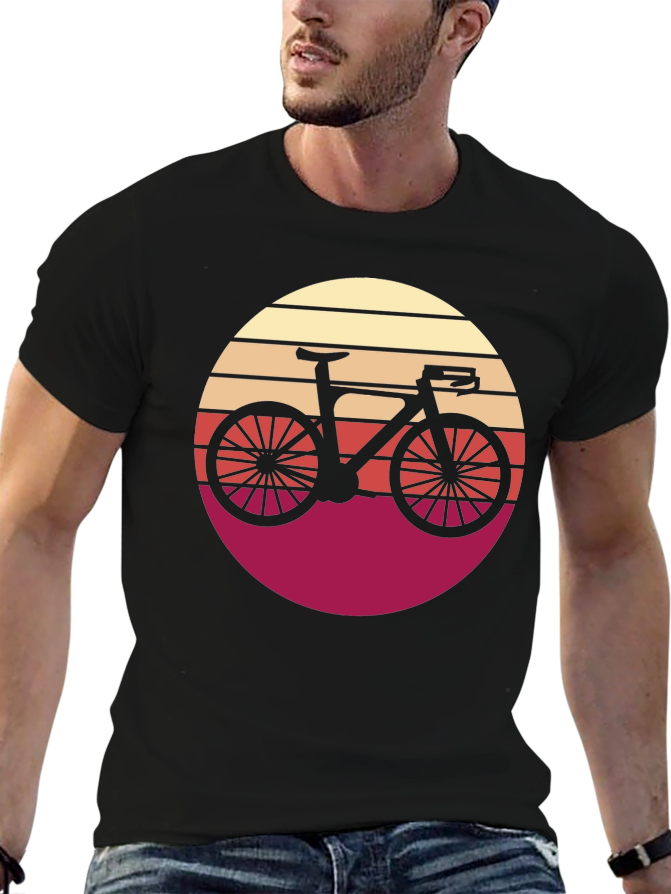 Black Retro Bicycle Sunset Graphic Tee - Black Cotton T-Shirt view 6