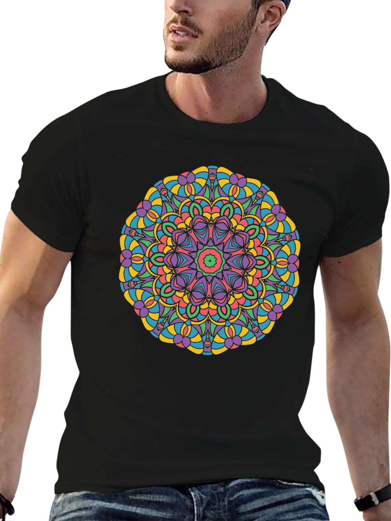 Black Colorful Mandala Graphic Print Crew Neck T-Shirt view 6