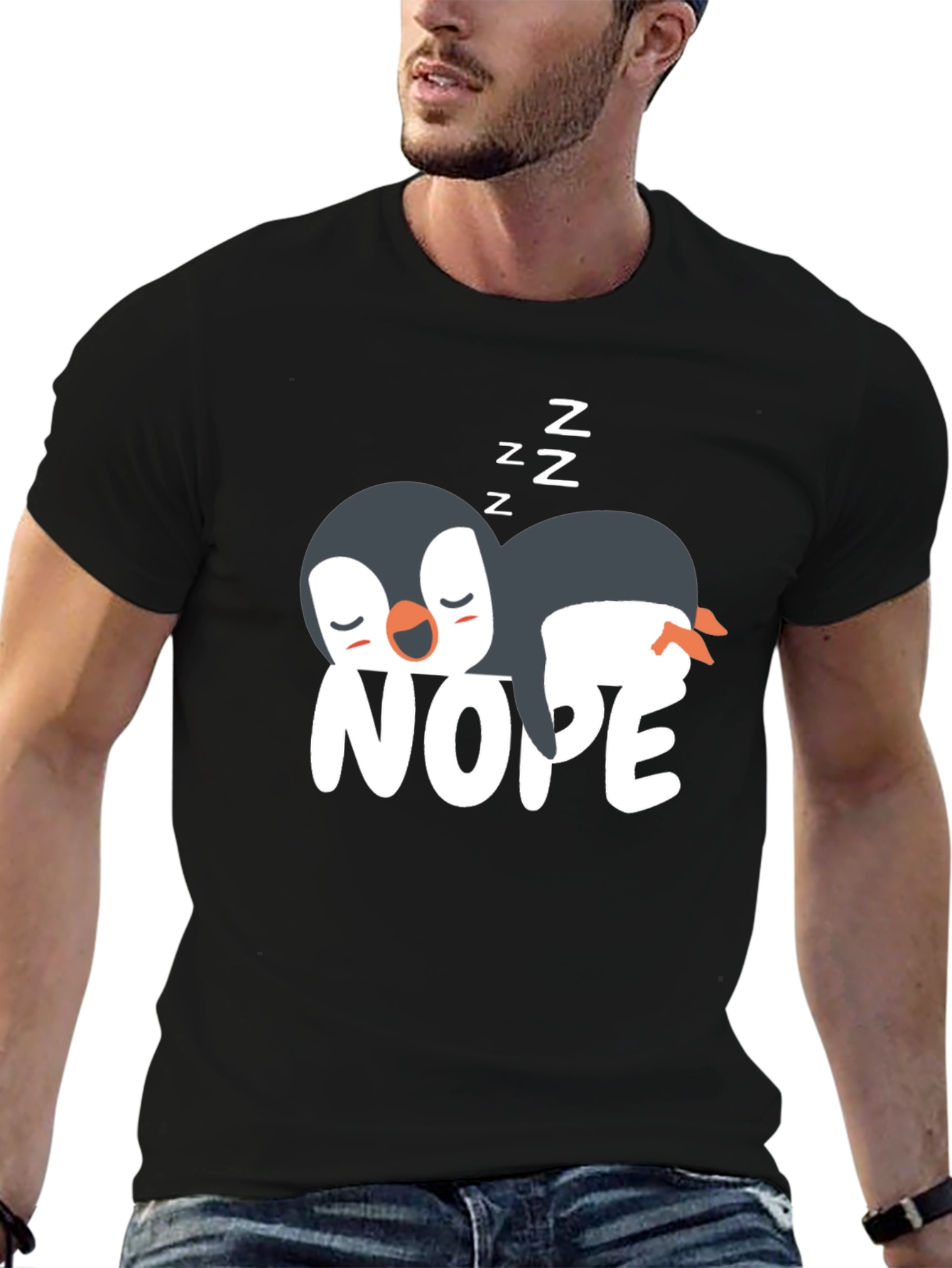 Black Nope Penguin T-Shirt - Funny Sleepy Penguin Tee view 6