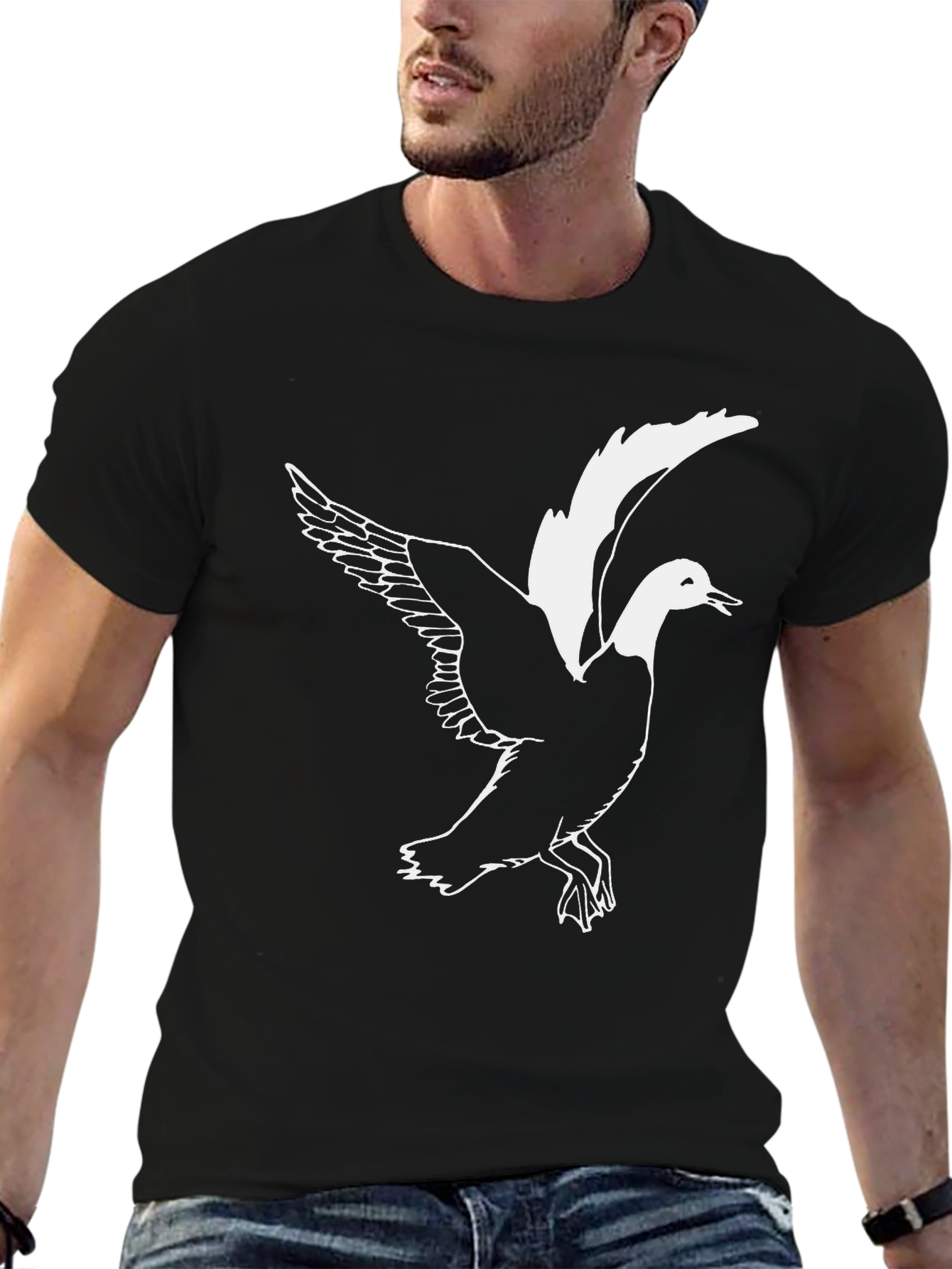 Black Men's Black T-shirt with Flying Duck Graphic view 6