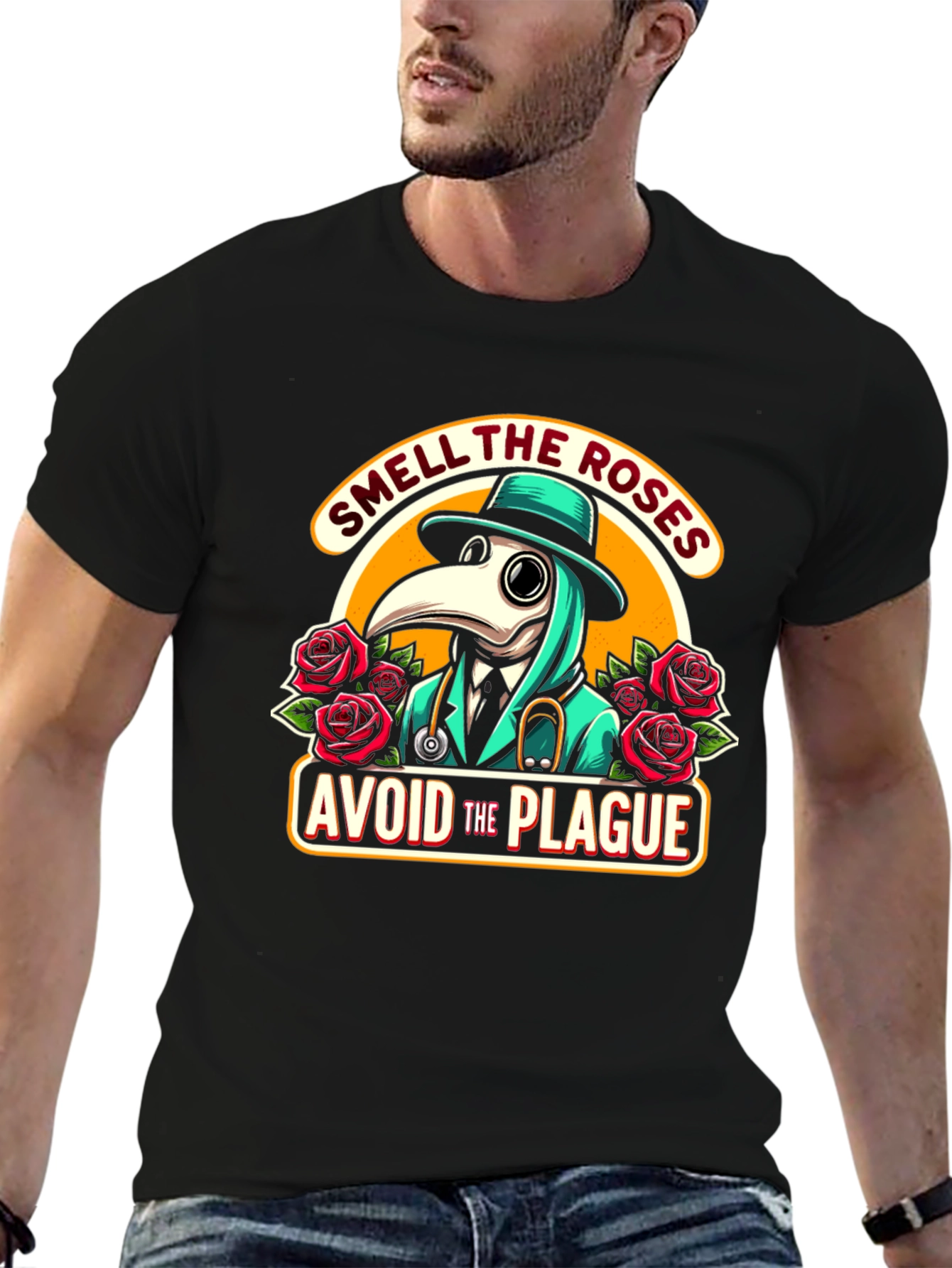 Black Plague Doctor T-Shirt: Smell the Roses, Avoid the Plague view 6