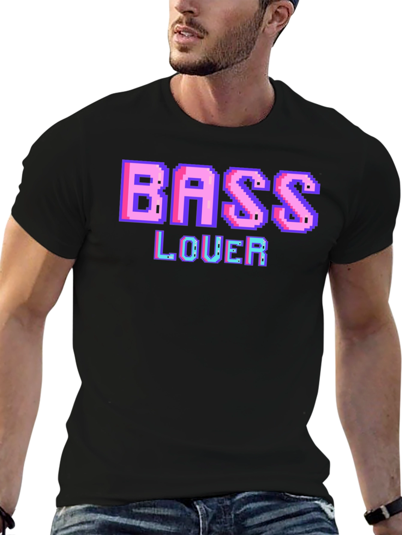 Black Retro Pixel Bass Lover Graphic Tee - Black view 6