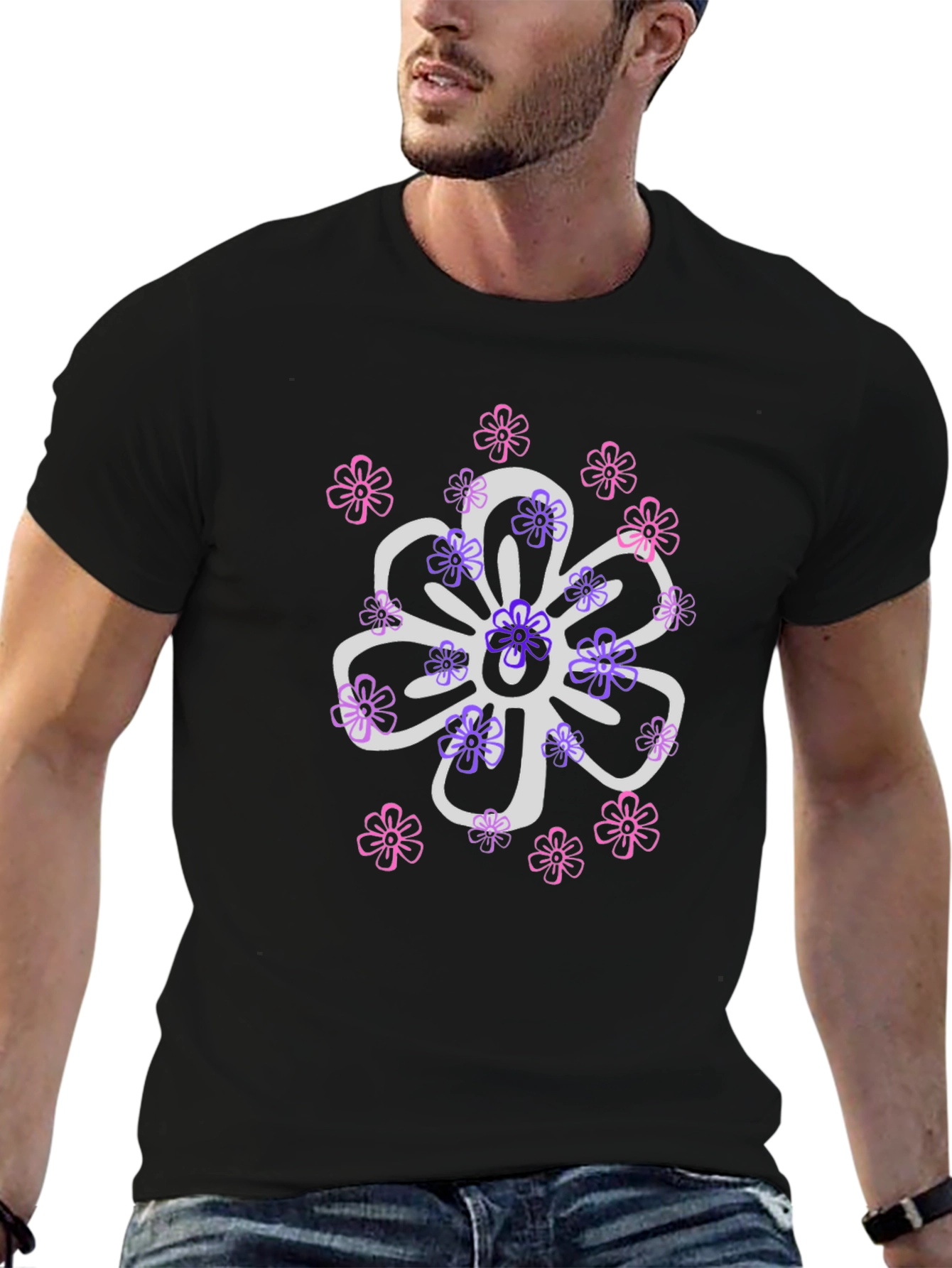 Black Floral Design T-Shirt - Black Cotton Blend view 6