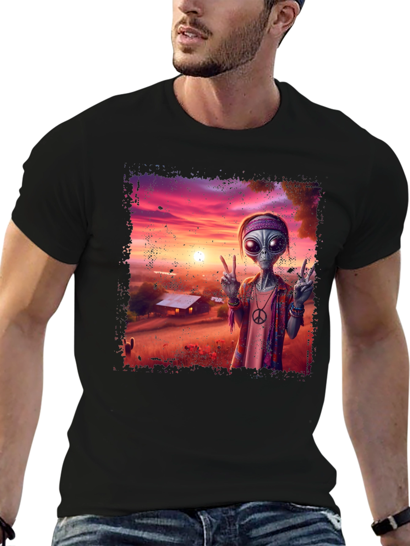 Retro Alien Peace T-Shirt - Groovy Sunset Design - 6