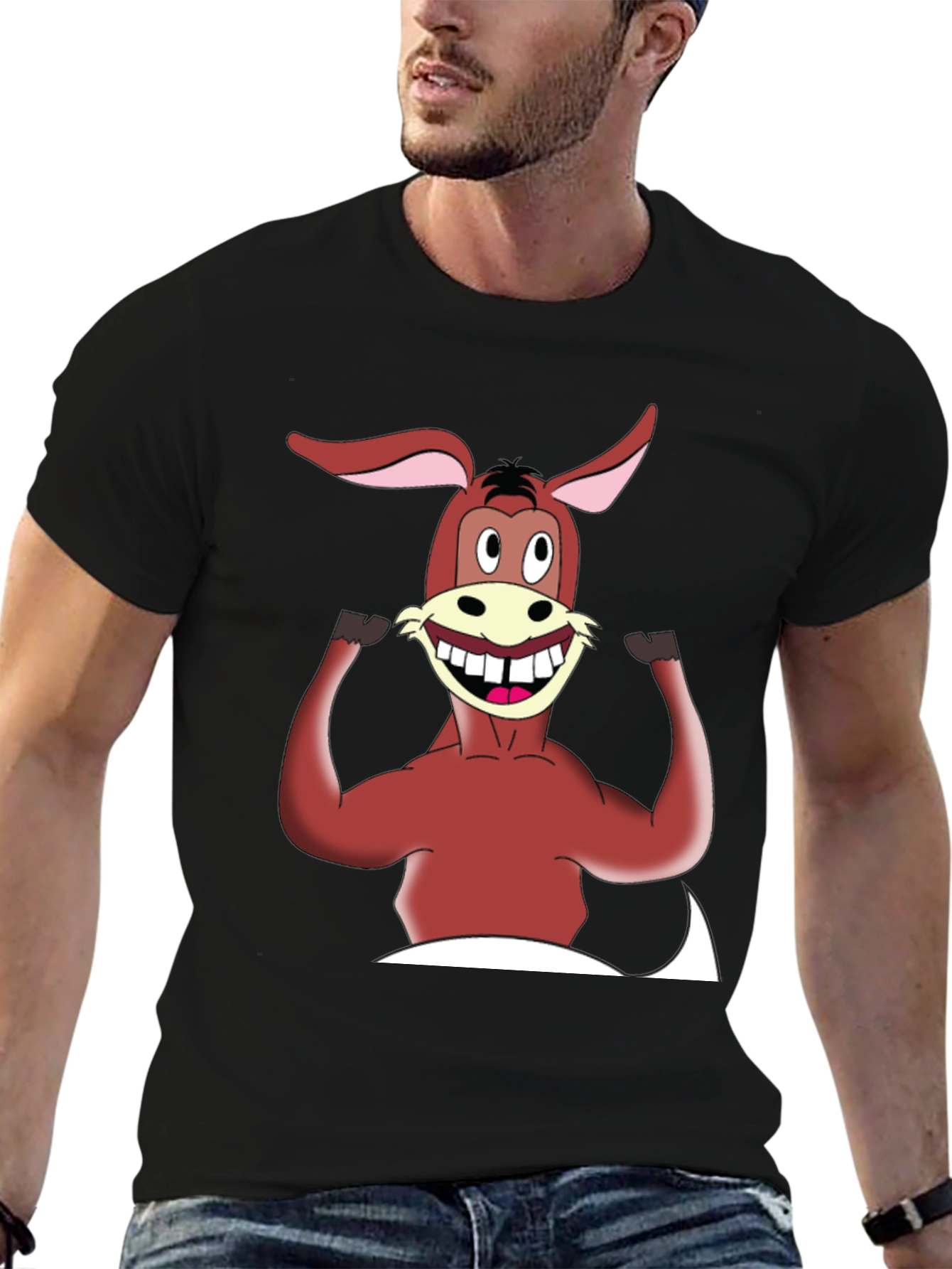 Black Cartoon Donkey Graphic Tee - Men's Black T-Shirt view 6