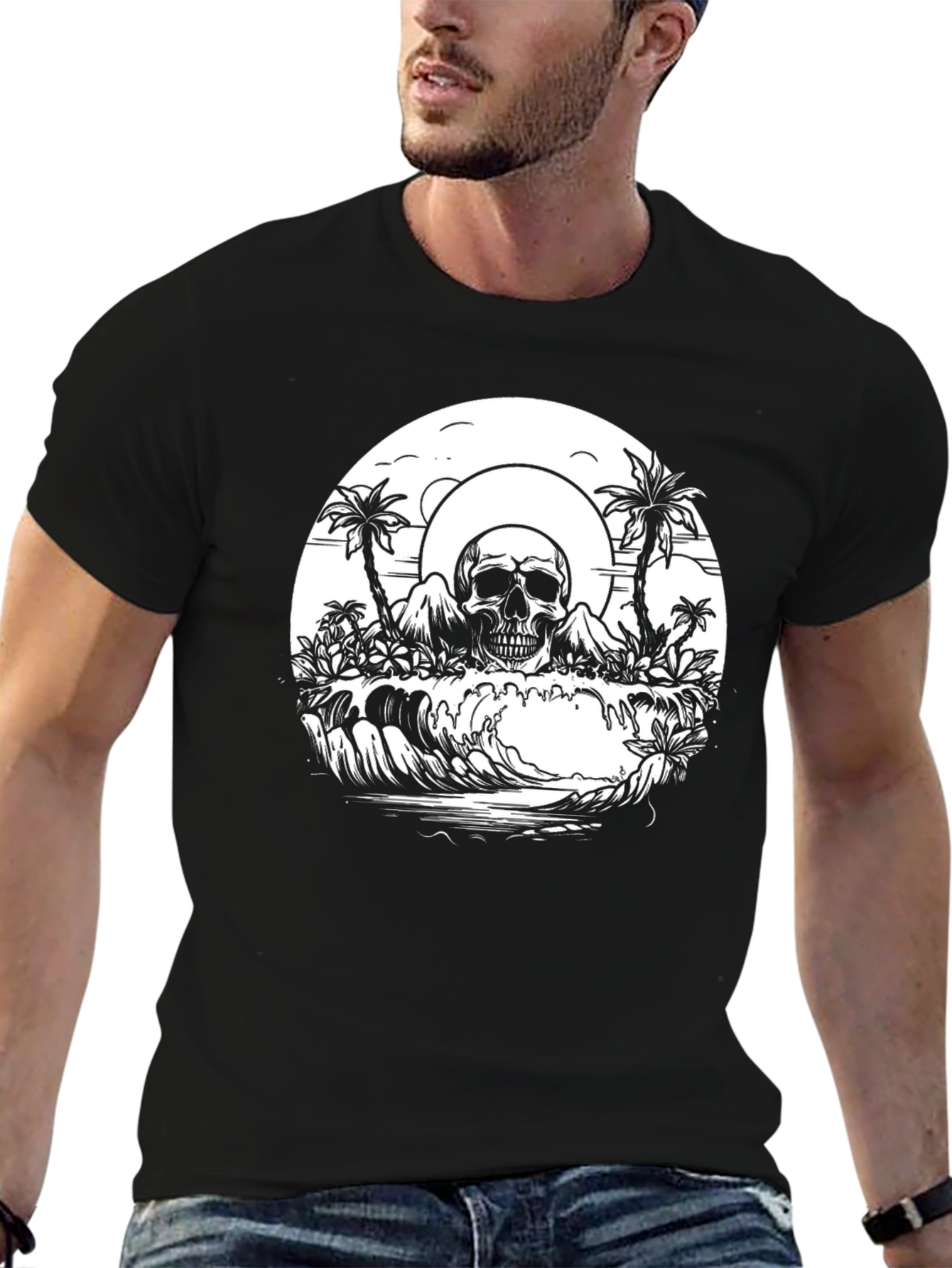 Black Skull Island Graphic Tee - Black Cotton T-Shirt view 6