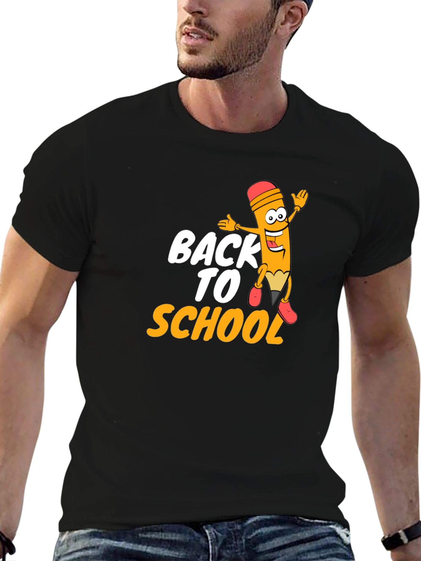 Black Back to School Pencil Cartoon Graphic T-Shirt view 6