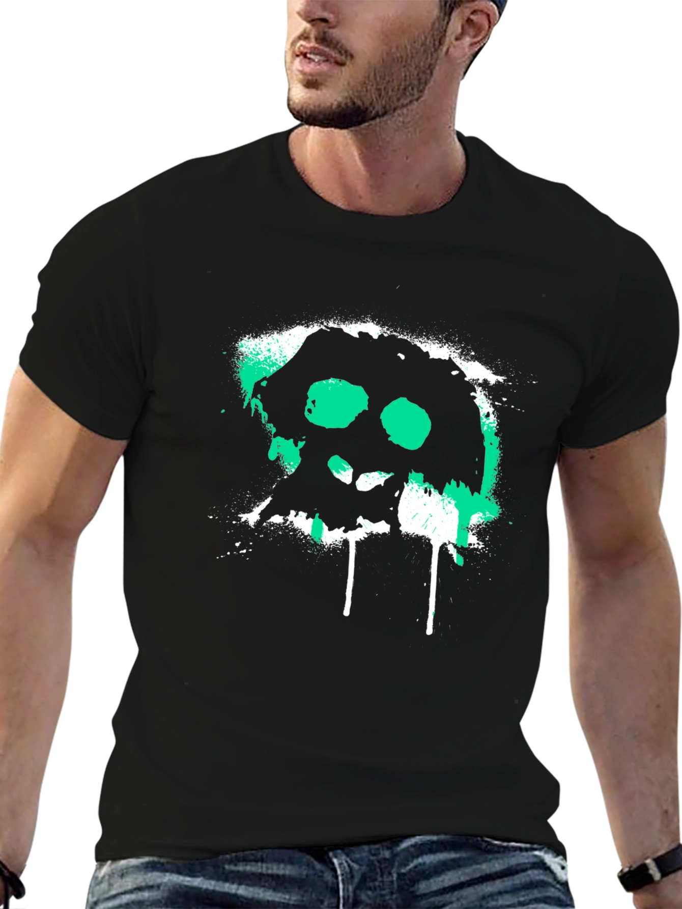 Black Grunge Skull Graphic Tee - Black Cotton T-Shirt view 6