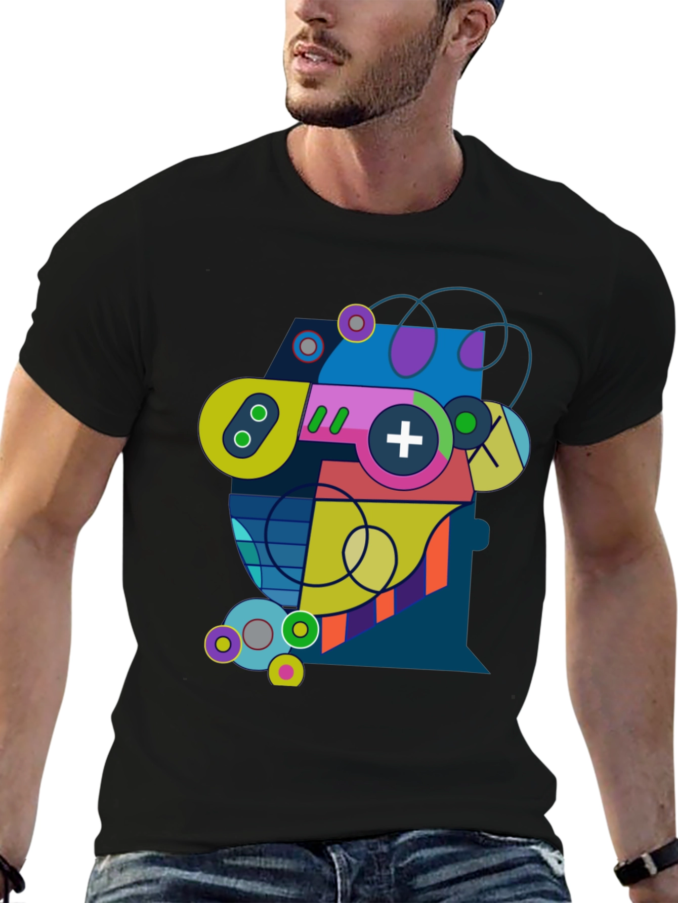 Black Abstract Geometric Game Controller Graphic Tee - Modern Gamer Style view 6