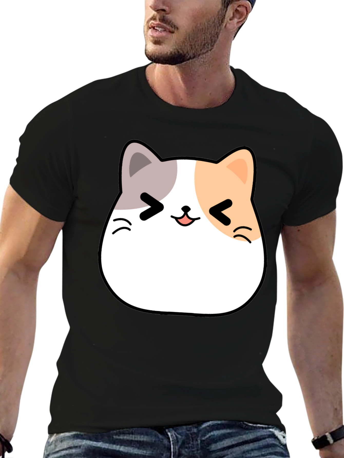 Black Kawaii Cat Graphic T-Shirt - Unisex Black Tee view 6