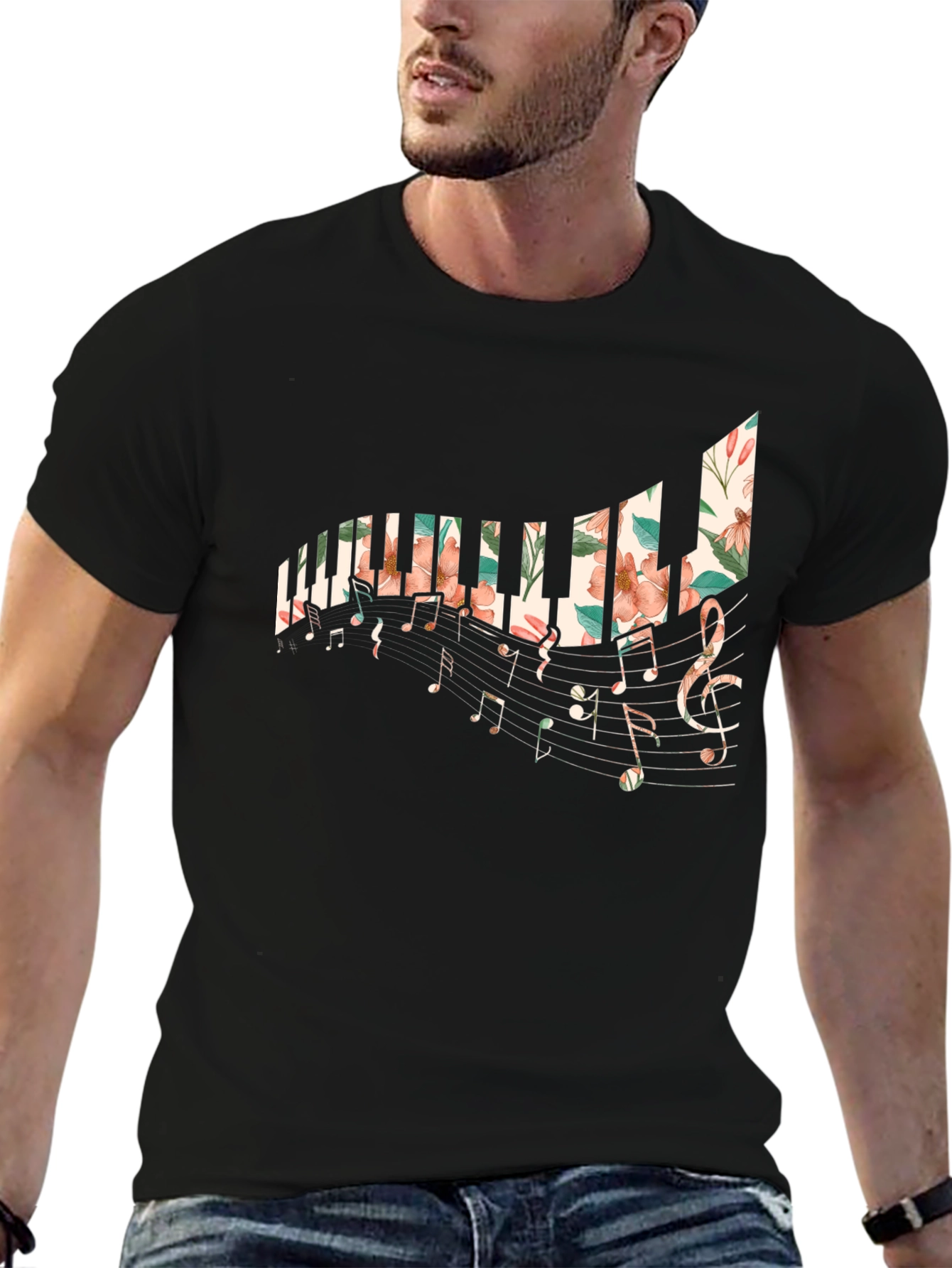 Black Floral Piano Keys T-Shirt view 6