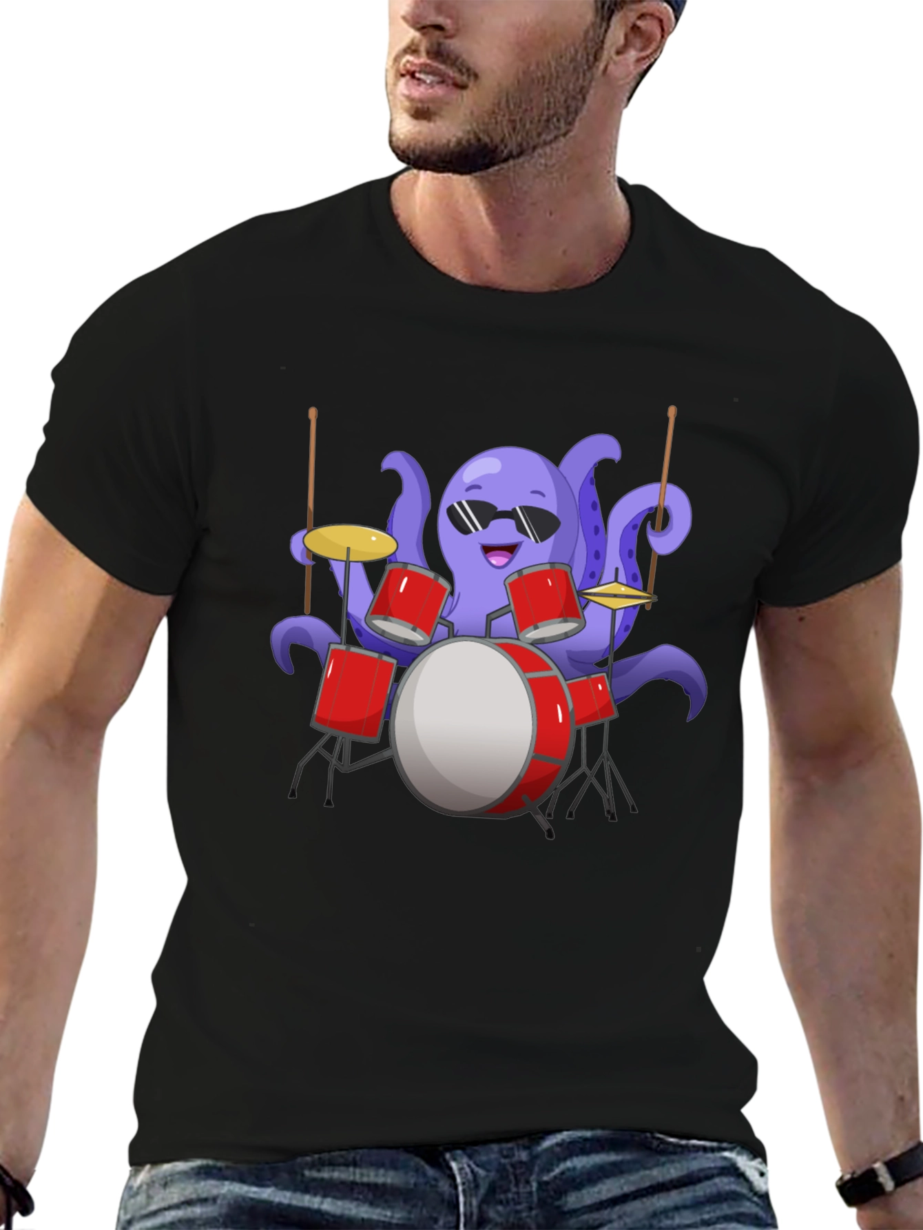 Black Octopus Drummer Graphic Tee - Unique Design view 6