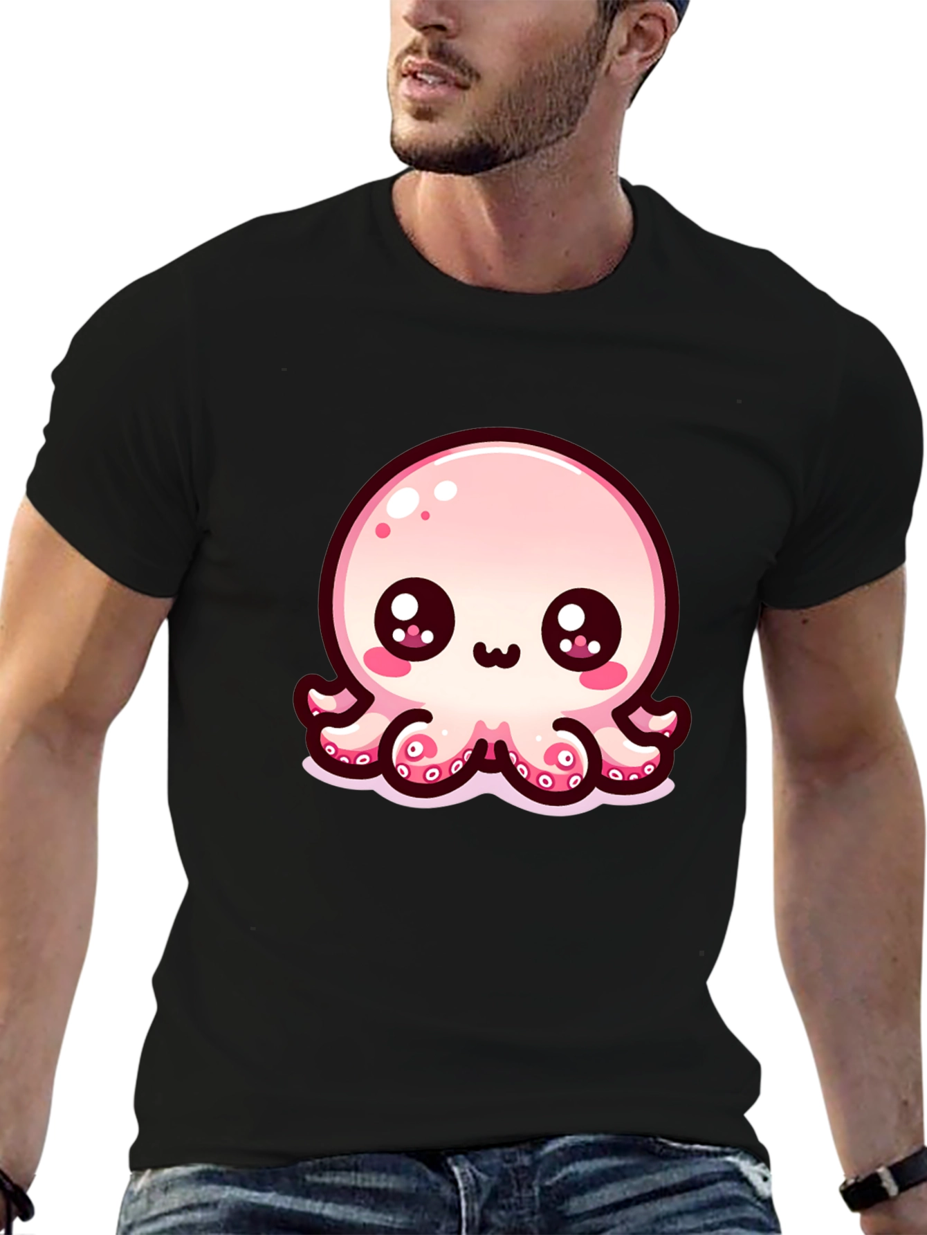 Black Cute Cartoon Octopus Black T-Shirt view 6