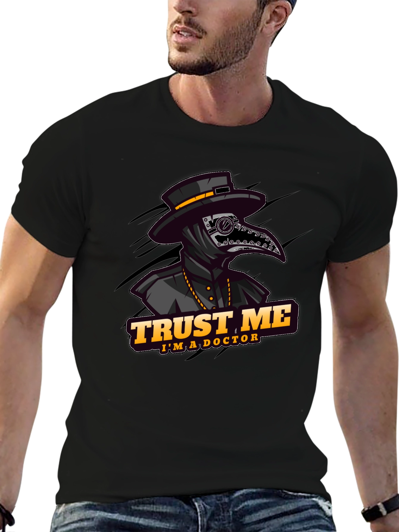 Black Plague Doctor "Trust Me" Graphic T-Shirt view 6