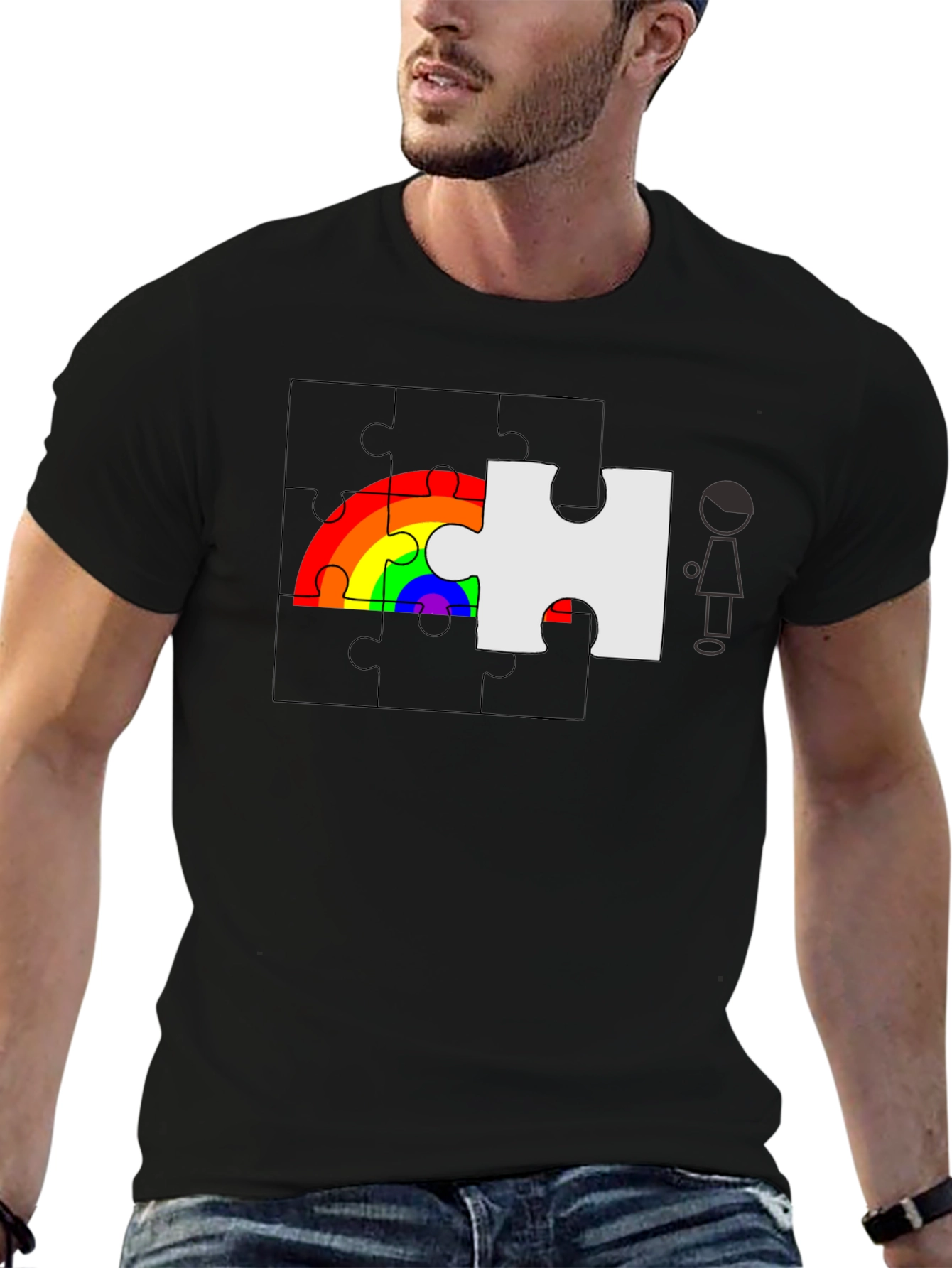 Black Rainbow Puzzle Piece Graphic Tee - Autism Awareness view 6