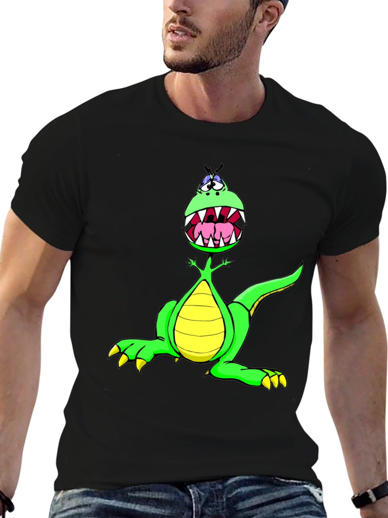 Black Cartoon Dinosaur Graphic Tee - Funny T-Shirt view 6