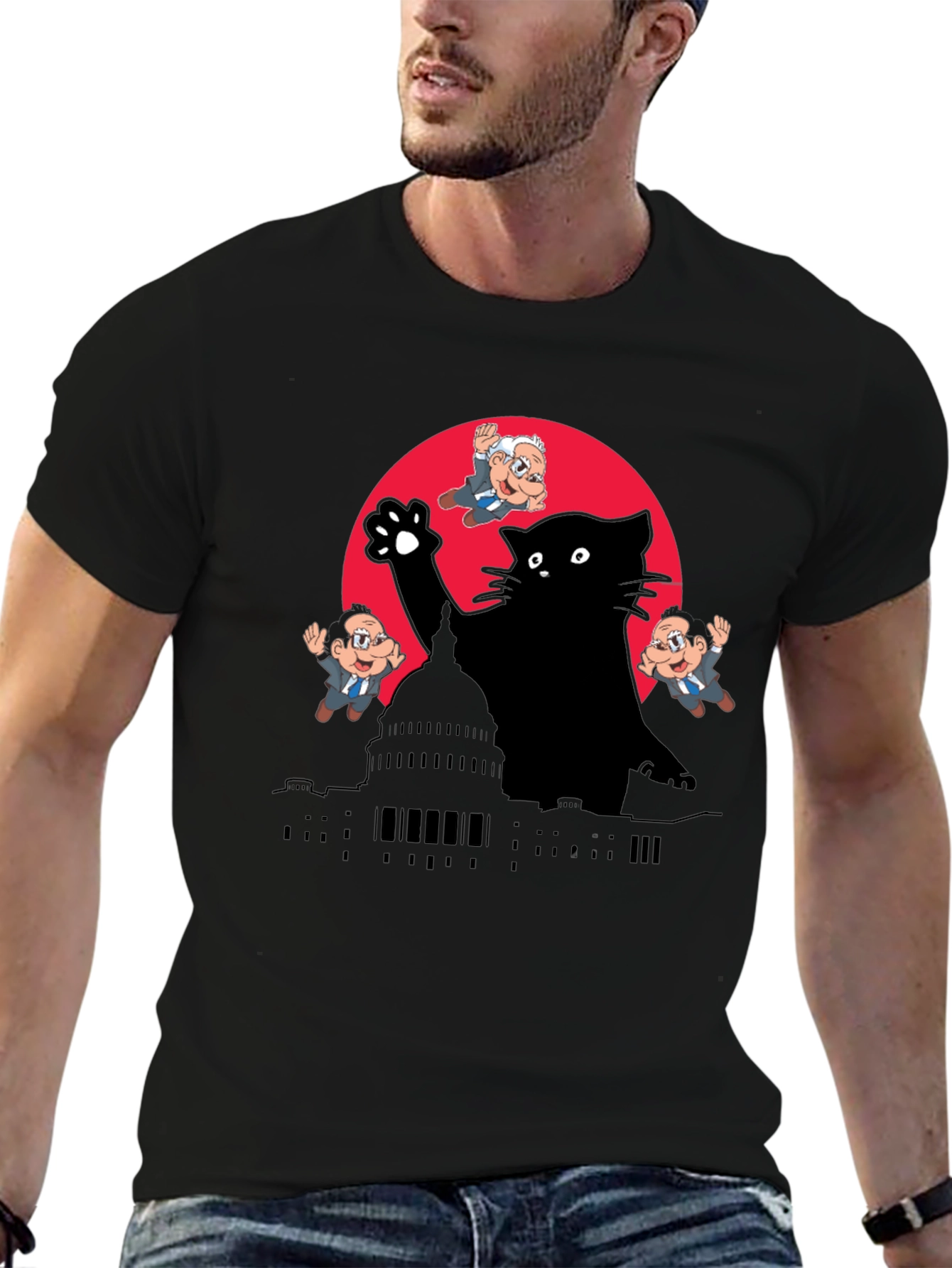 Black Kaiju Cat T-Shirt: Political Satire Tee view 6