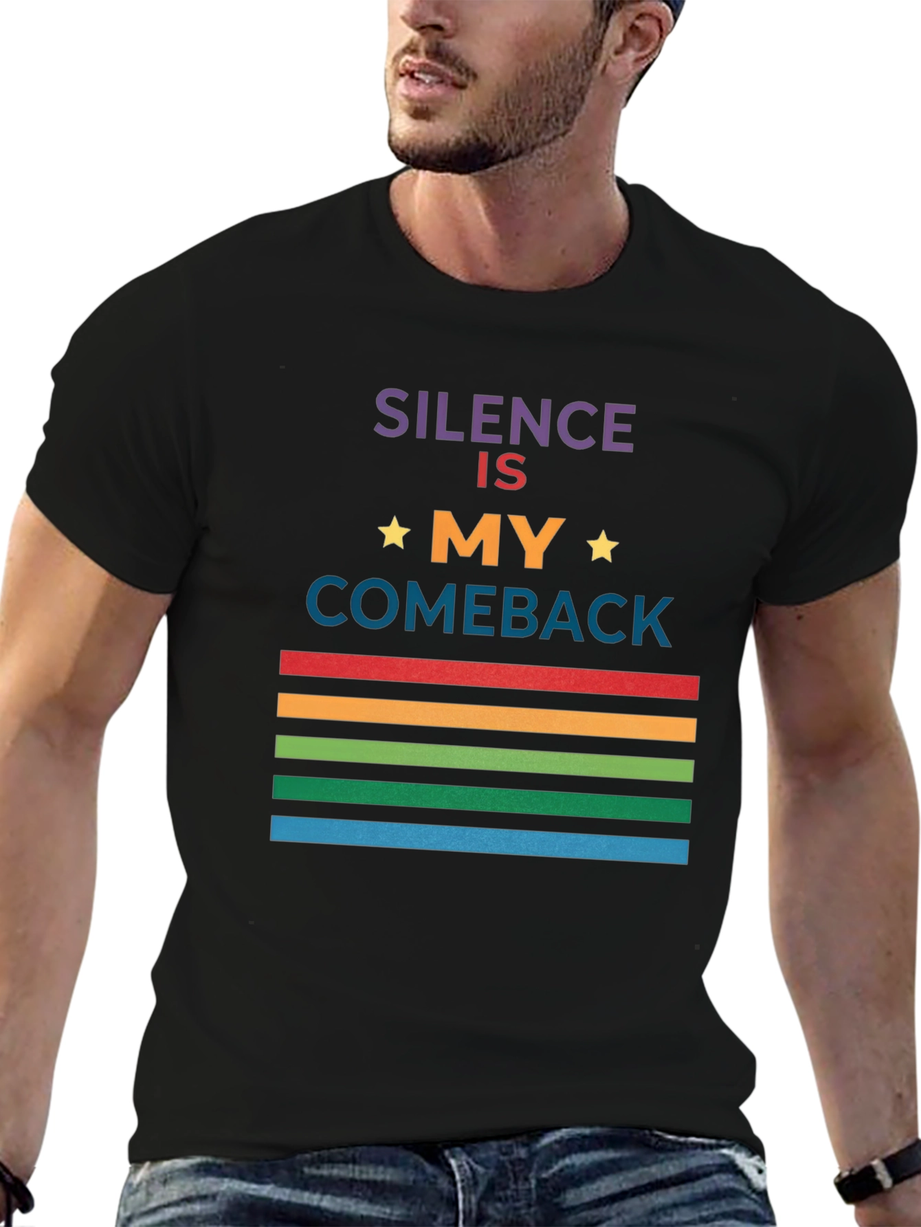 Black Silence Is My Comeback Rainbow Striped T-Shirt view 6