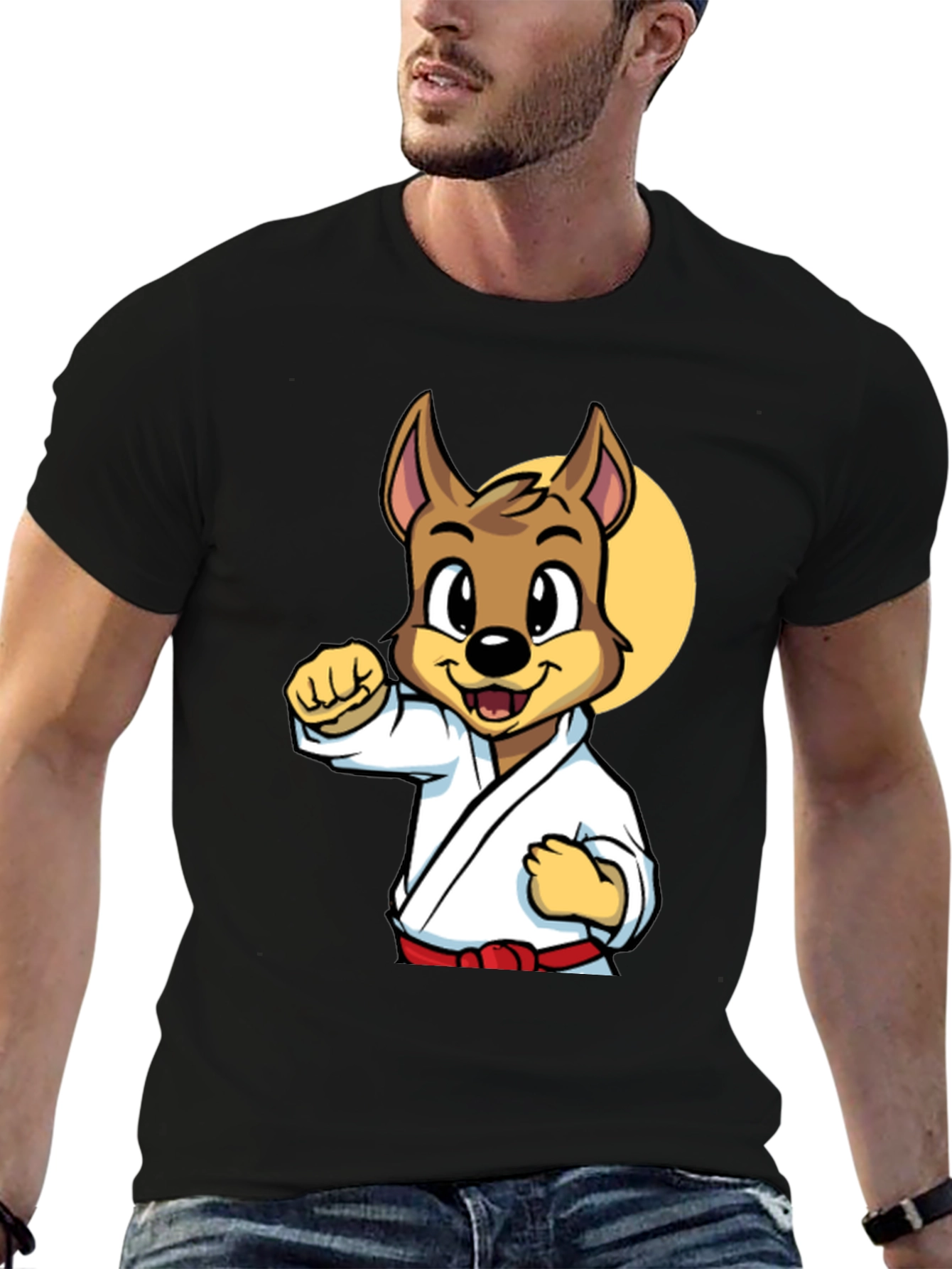 Black Karate Dog Cartoon Graphic T-Shirt - Black view 6