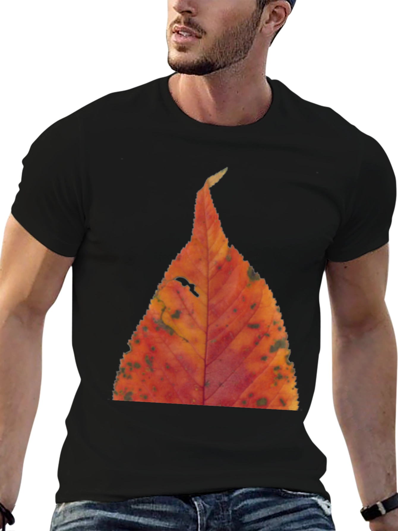 Black Fall Leaf Print Black T-Shirt view 6
