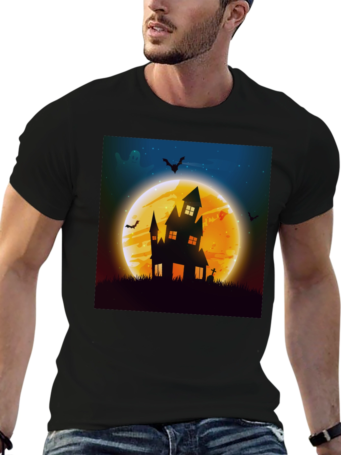 Black Spooky Halloween Haunted House Graphic Tee view 6