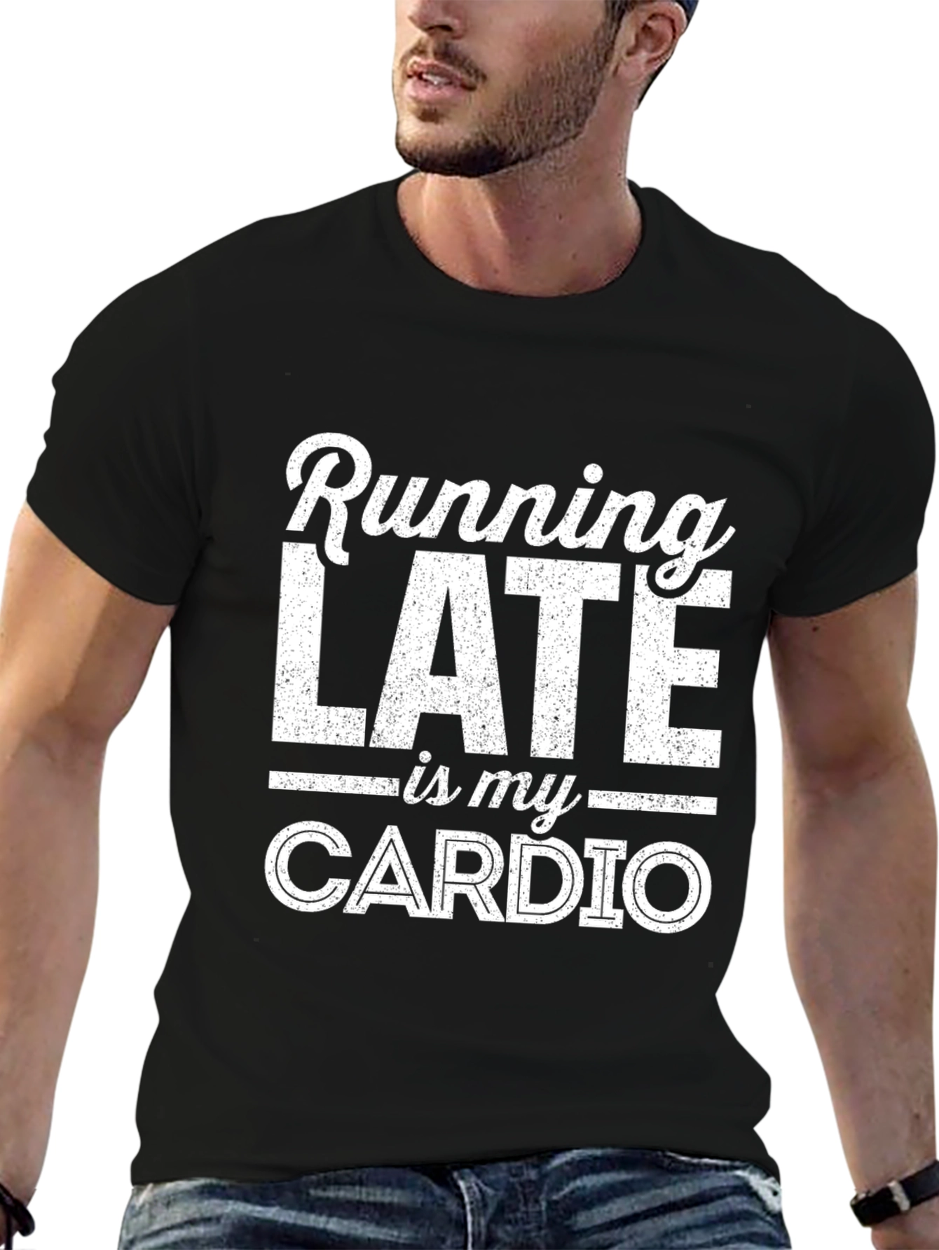 Black Funny Running Late Is My Cardio Graphic T-Shirt view 6