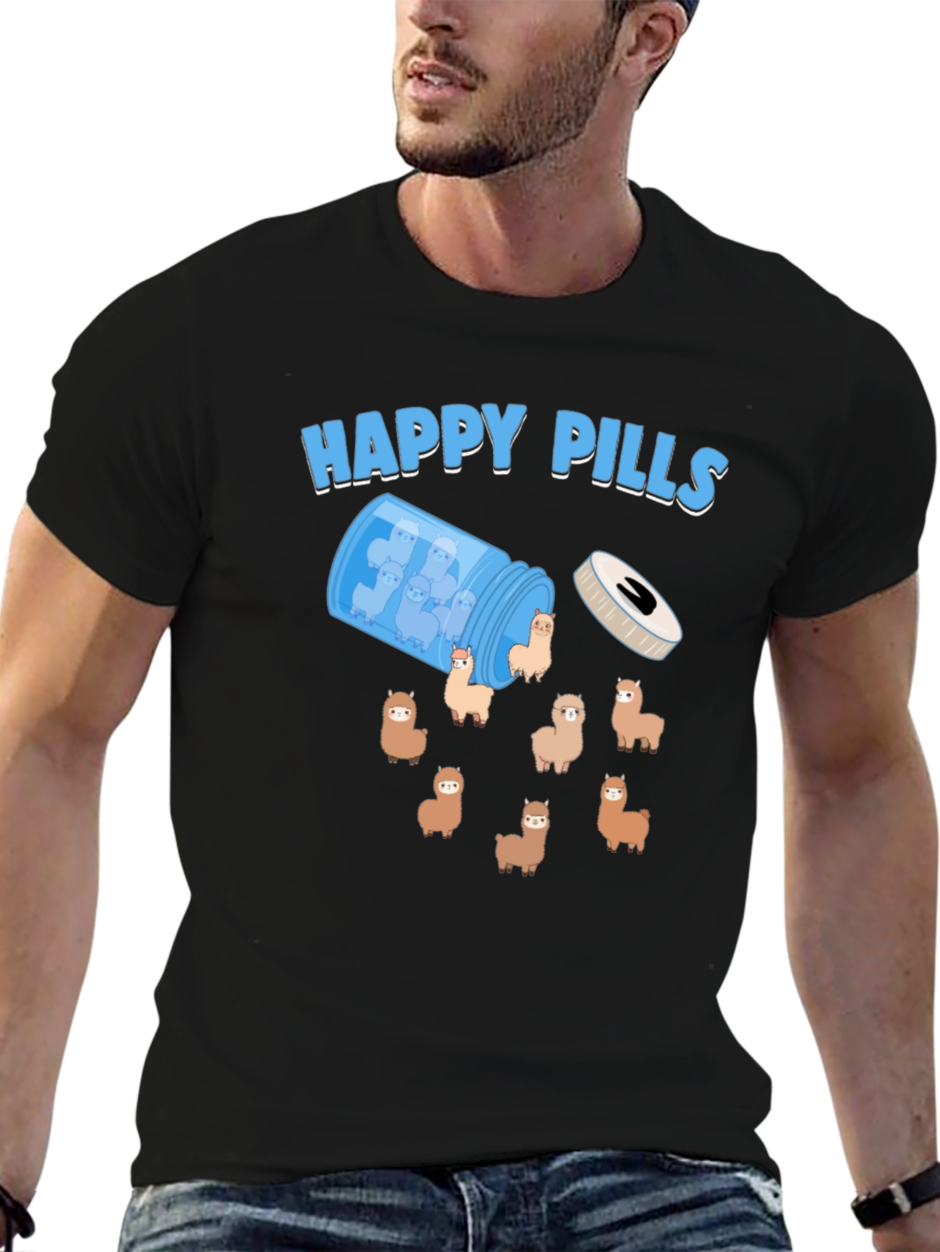 Black Happy Pills Alpaca T-Shirt - Cute & Quirky Design view 6