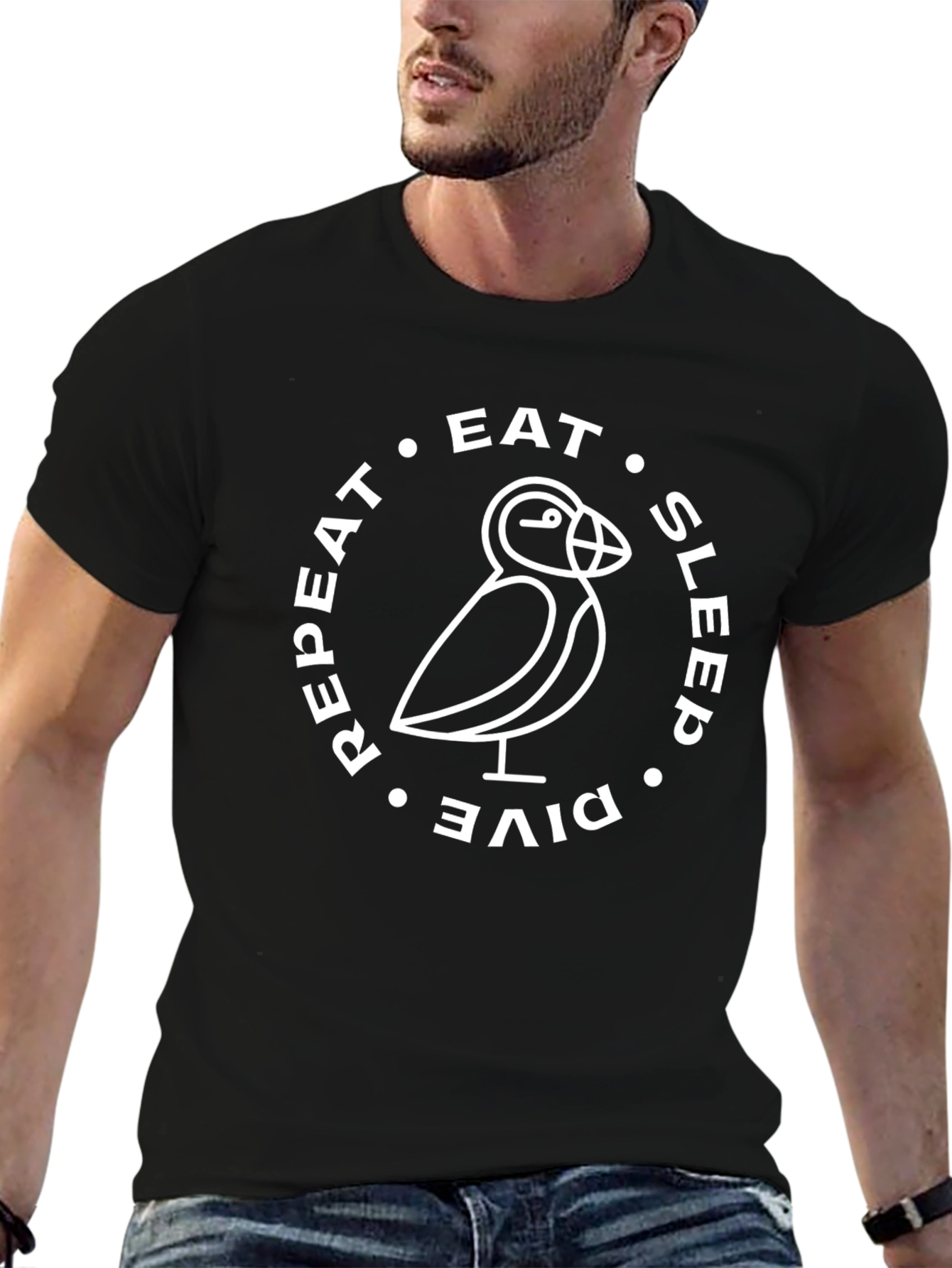 Black Eat Sleep Dive Repeat Puffin T-Shirt view 6