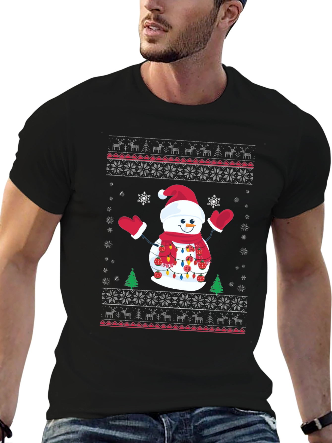 Black Festive Snowman Ugly Christmas T-Shirt view 6
