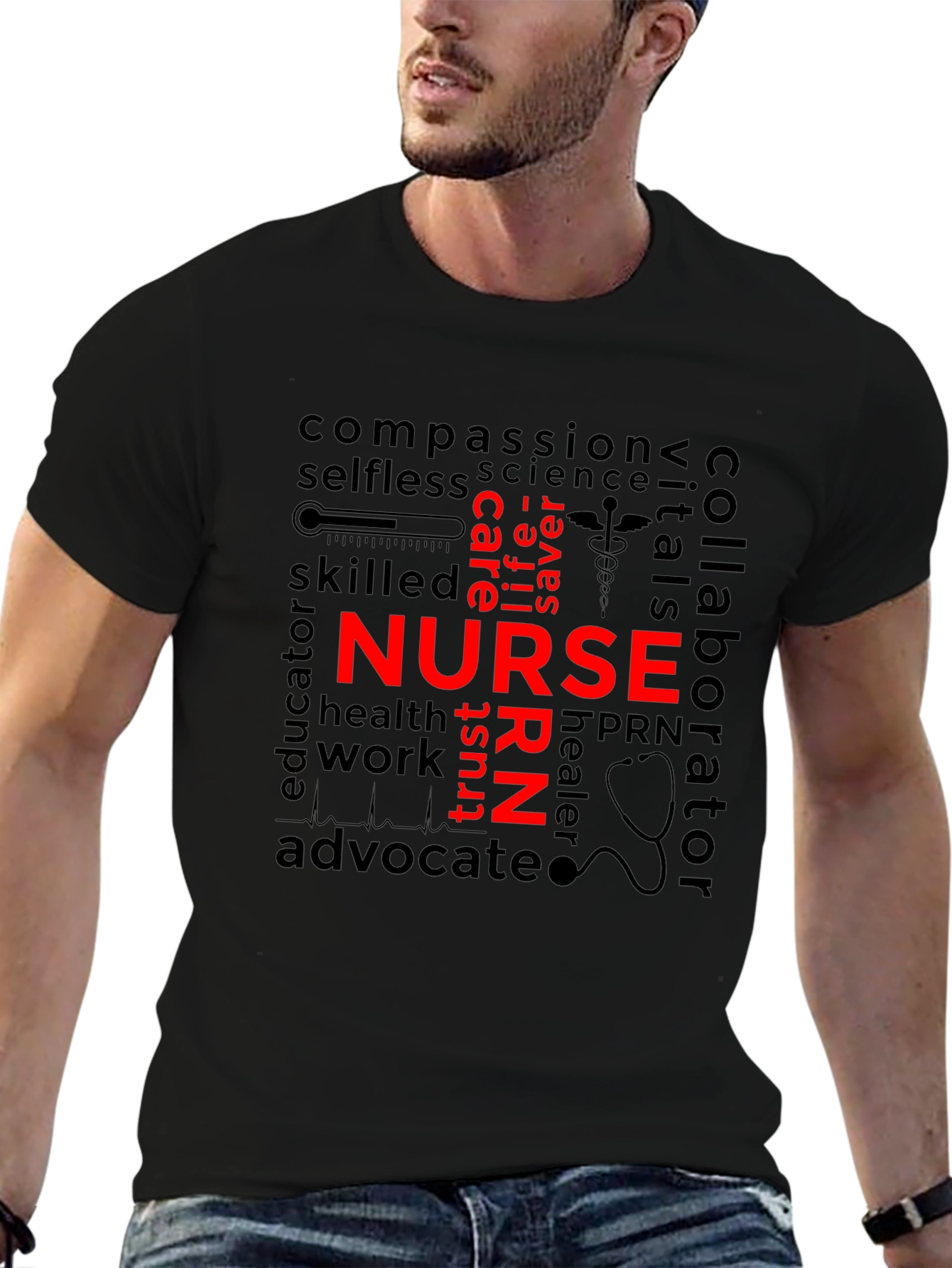 Black Nurse Word Art T-Shirt - Black Unisex view 6