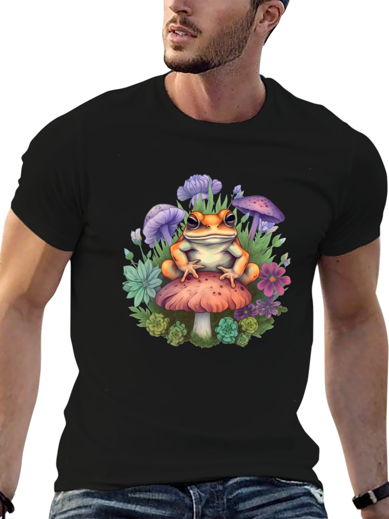 Black Frog on Mushroom Graphic Tee - Whimsical Toadstool Design view 6