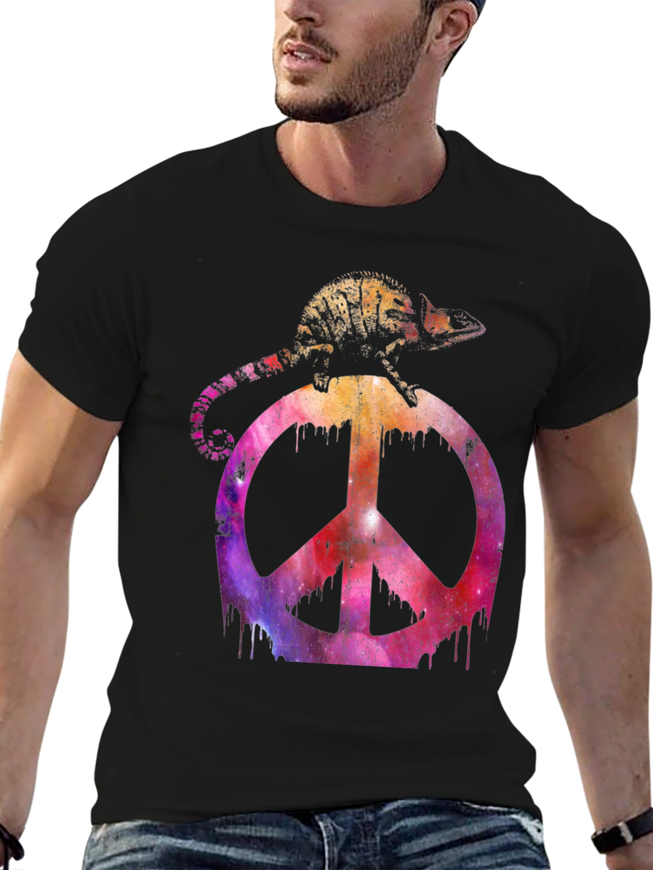 Black Chameleon Peace Sign Graphic T-Shirt view 6